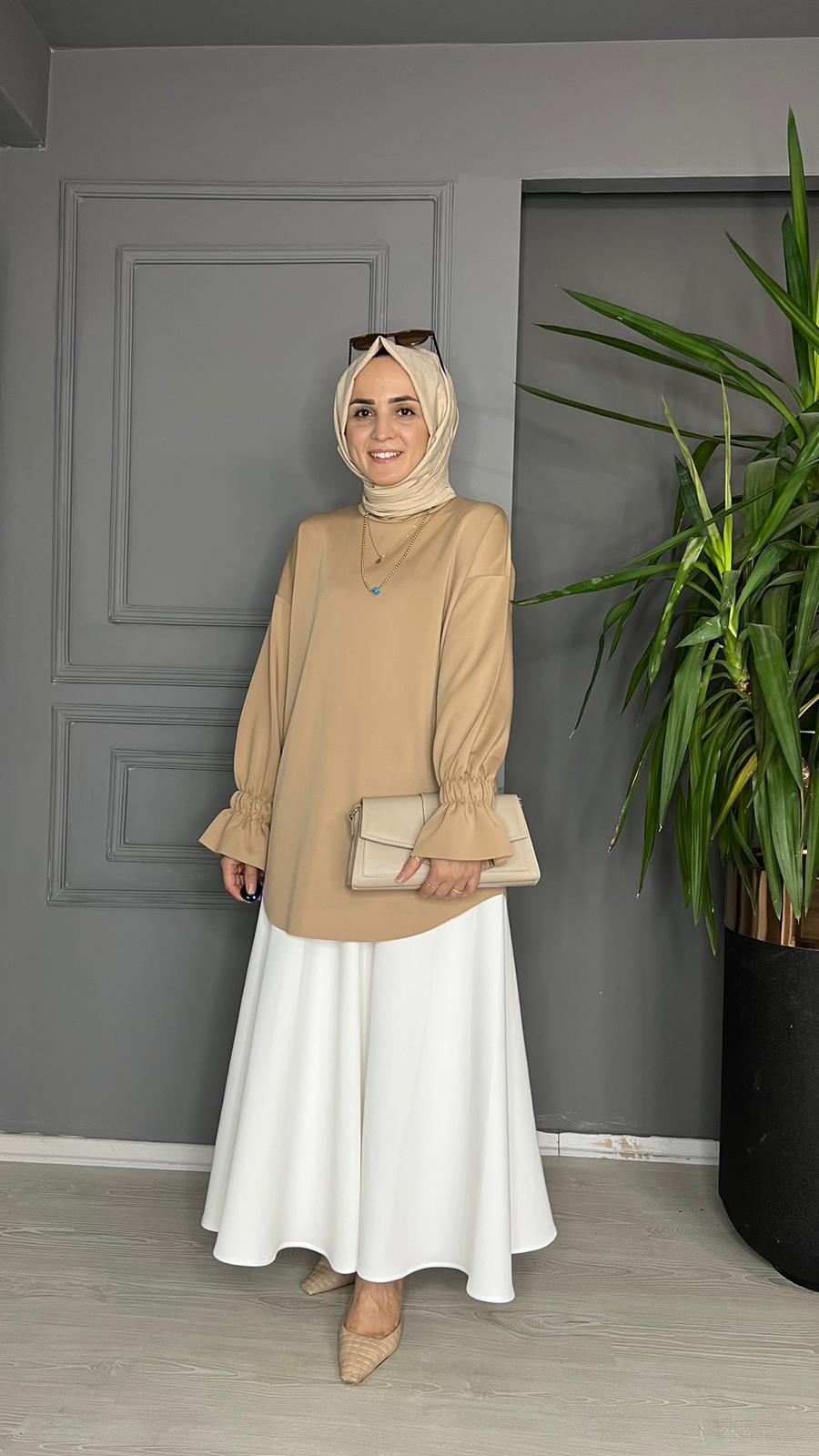 24125 KOLU FIRFIRLI TUNİK CAMEL L-XL