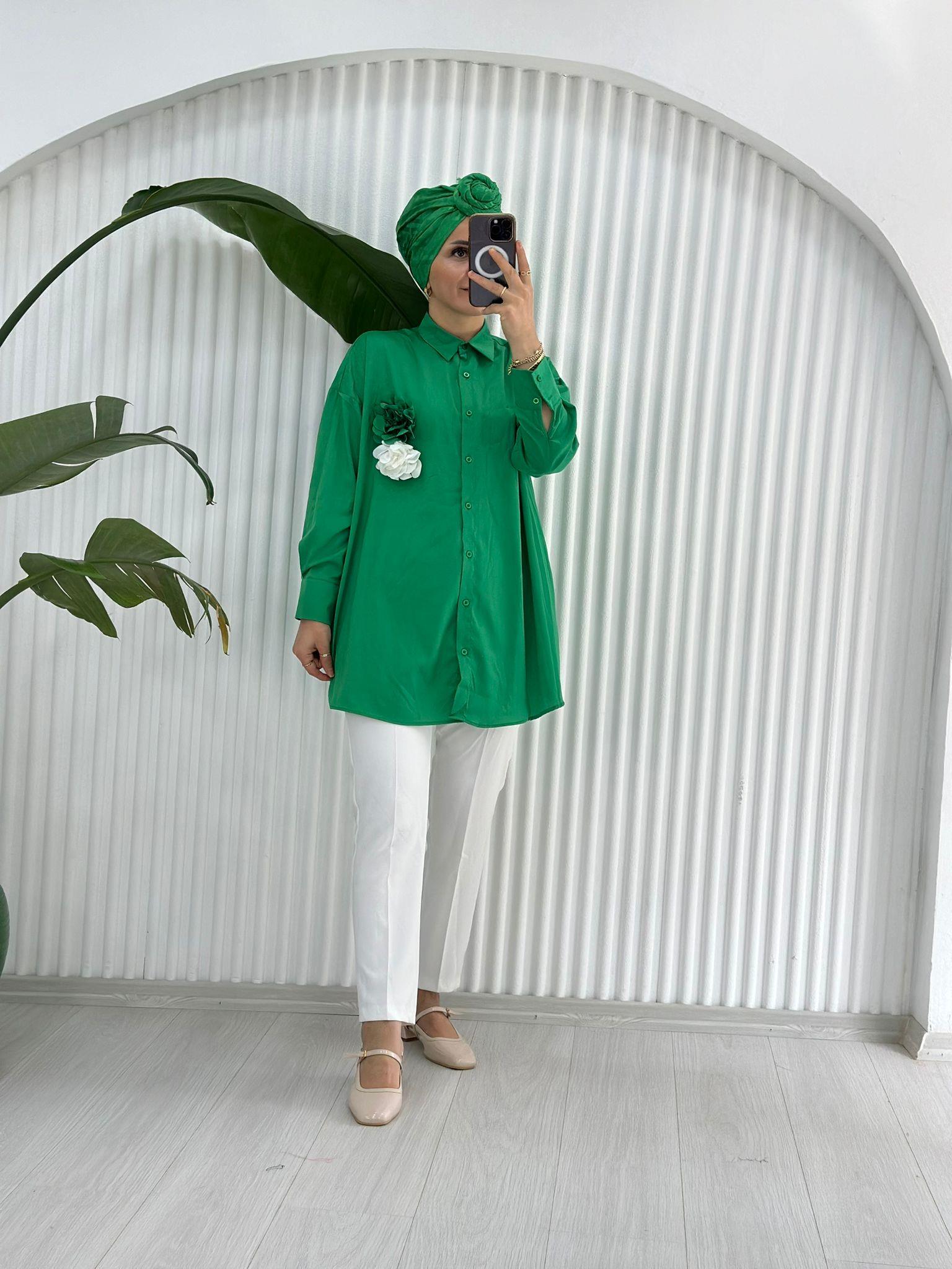 24182 GÜL DETAY GÖMLEK YEŞİL STD