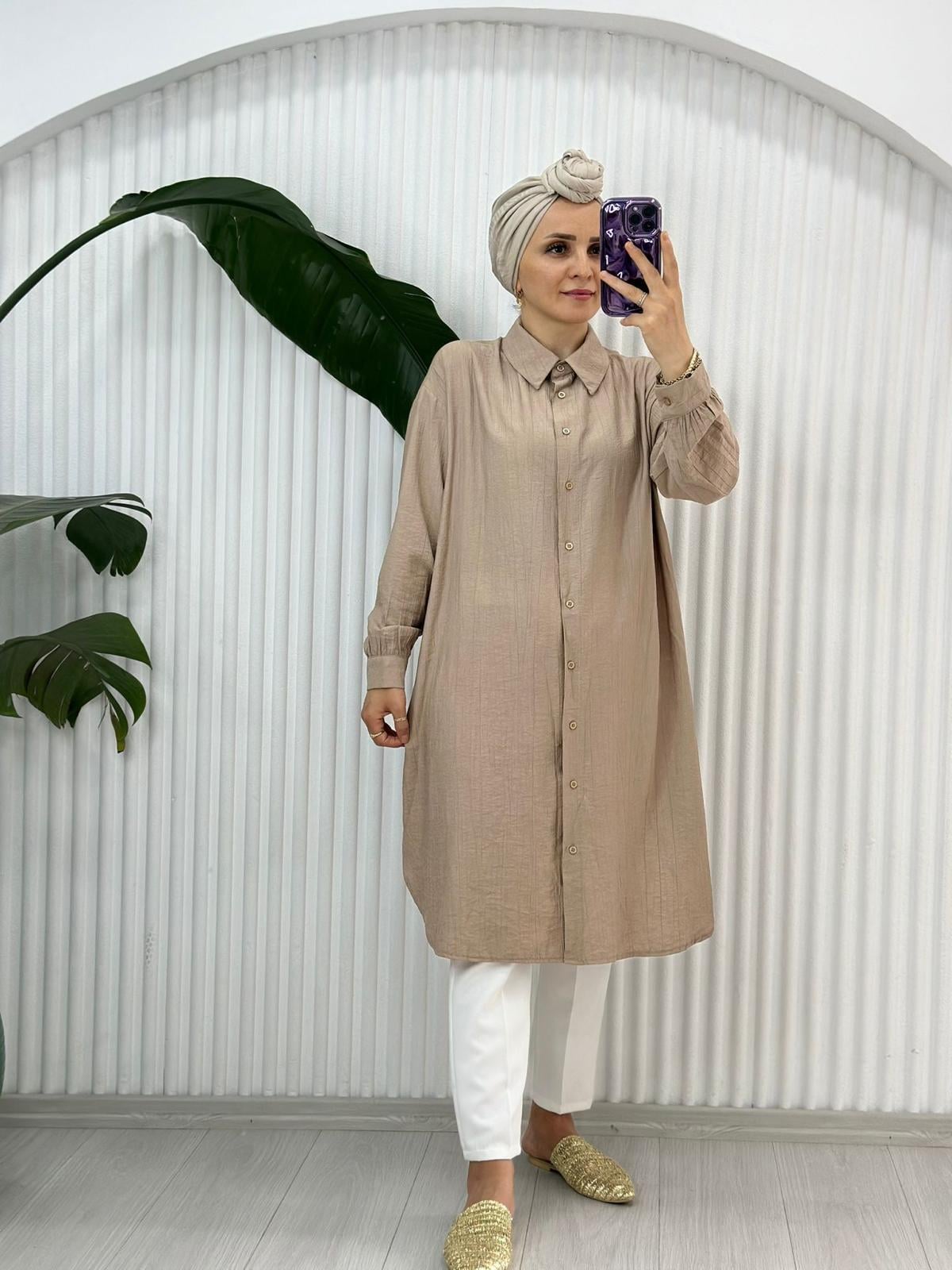 24232 MİDİ BOY GÖMLEK CAMEL 