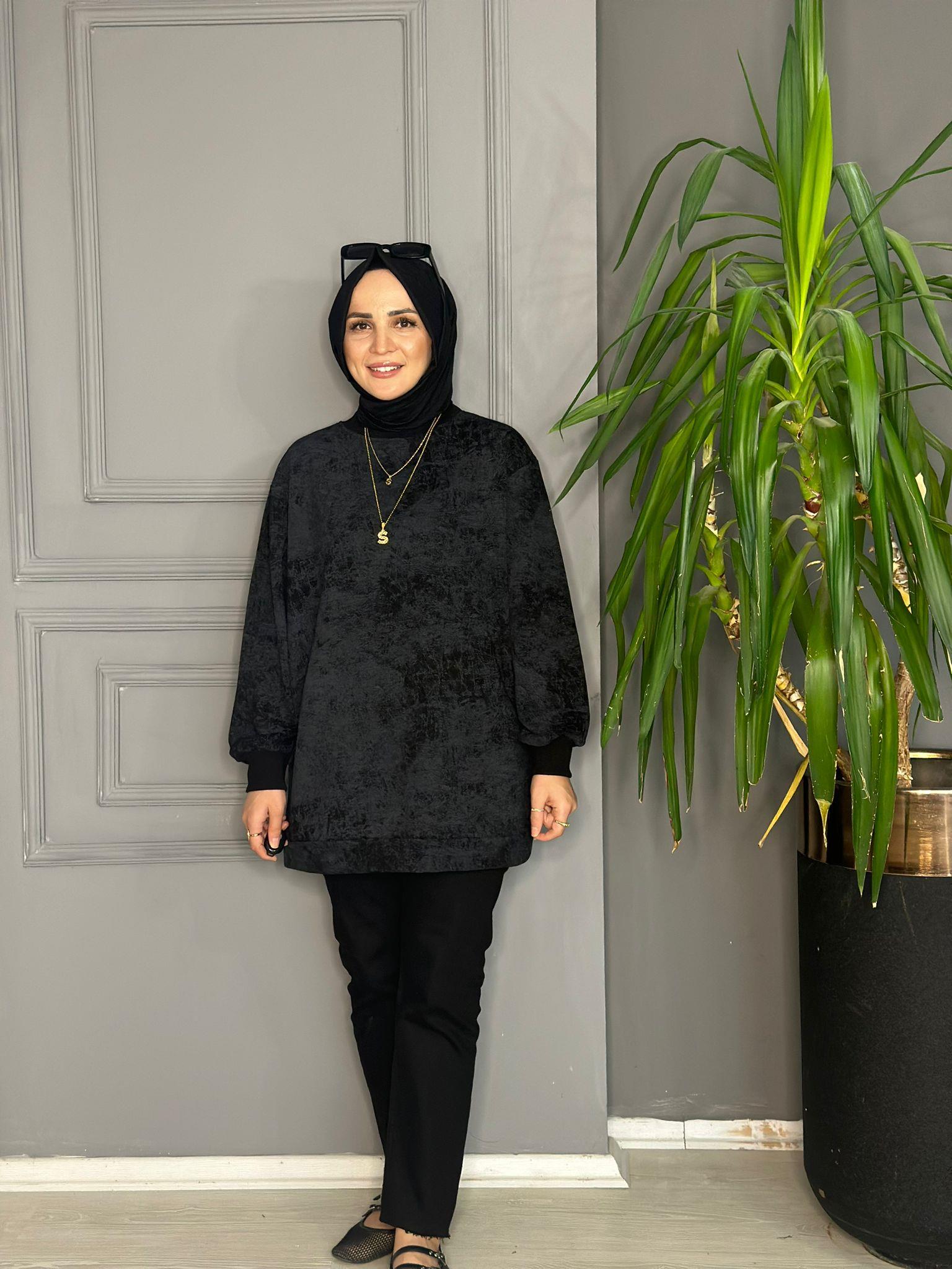 24256 KENDİNDEN DESEN SWEAT SİYAH
