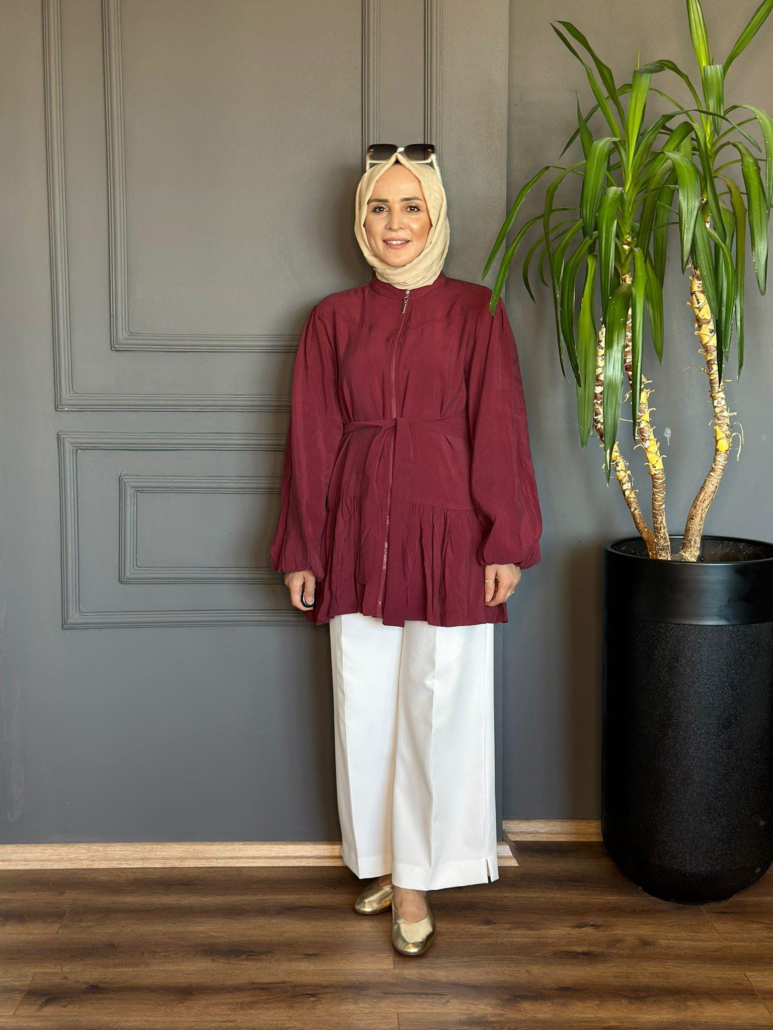 24307 ETEK BÜZGÜ DETAYLI BORDO TUNİK 