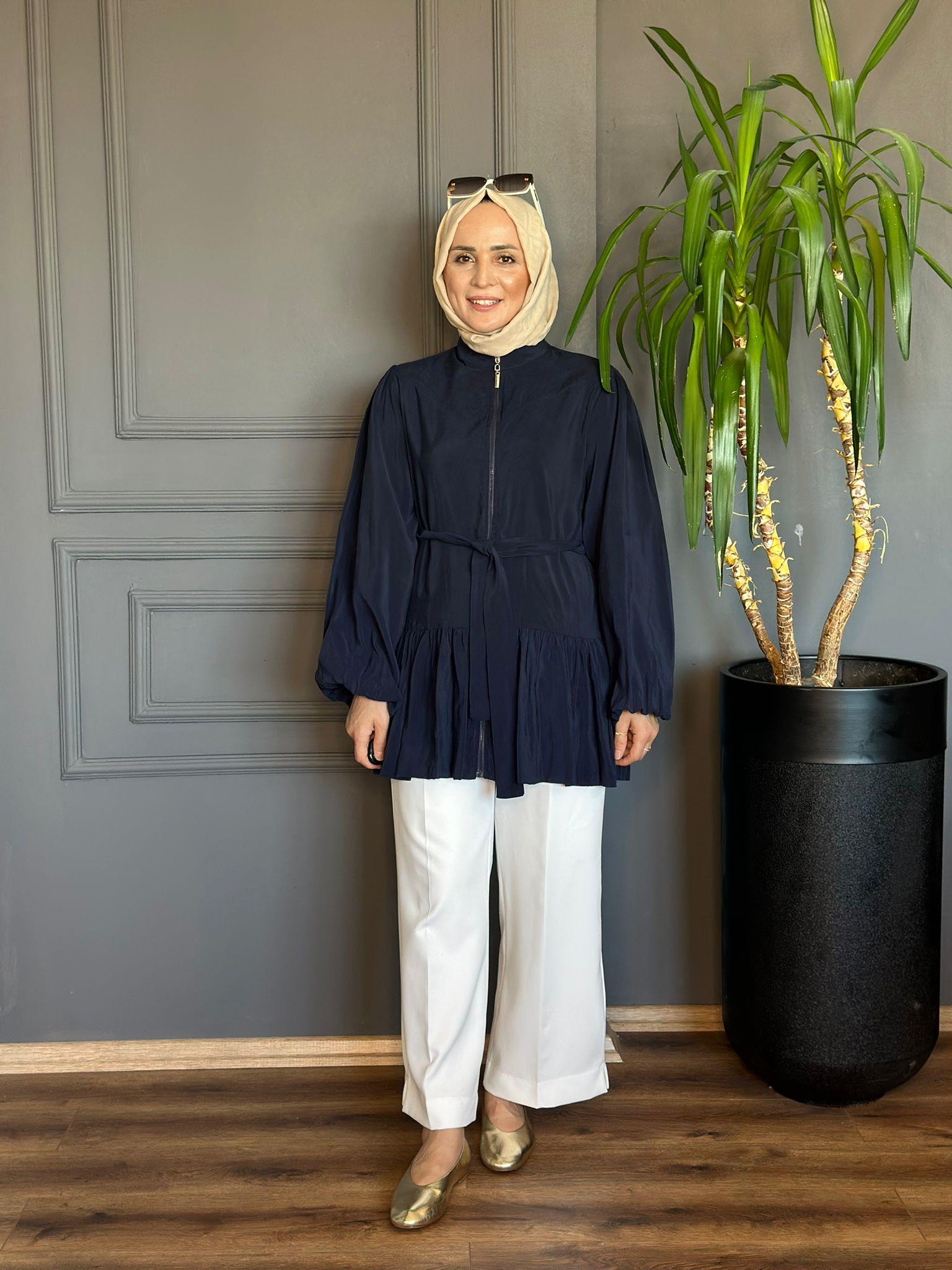 24307 ETEK BÜZGÜ DETAYLI LACİVERT TUNİK 
