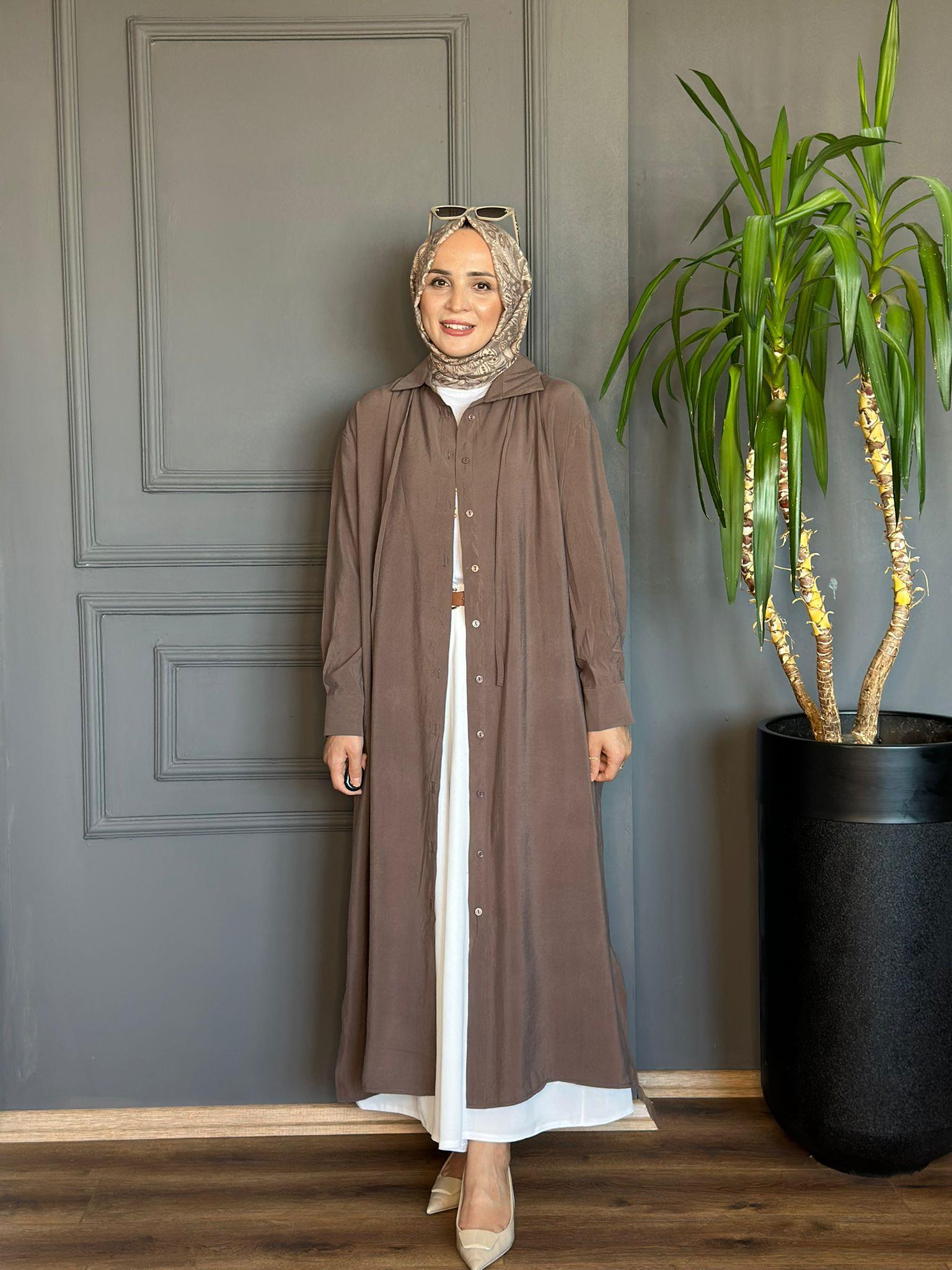 24308 BELİ BAĞCIKLI POPLİN GÖMLEK ELBİSE KAHVERENGİ 