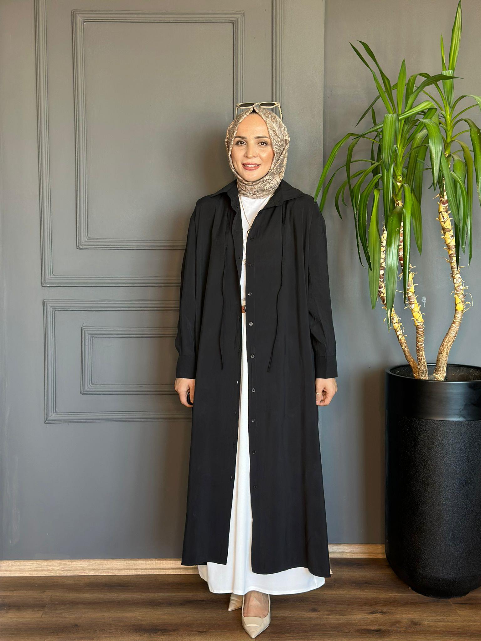 24308 BELİ BAĞCIKLI POPLİN GÖMLEK ELBİSE SİYAH  