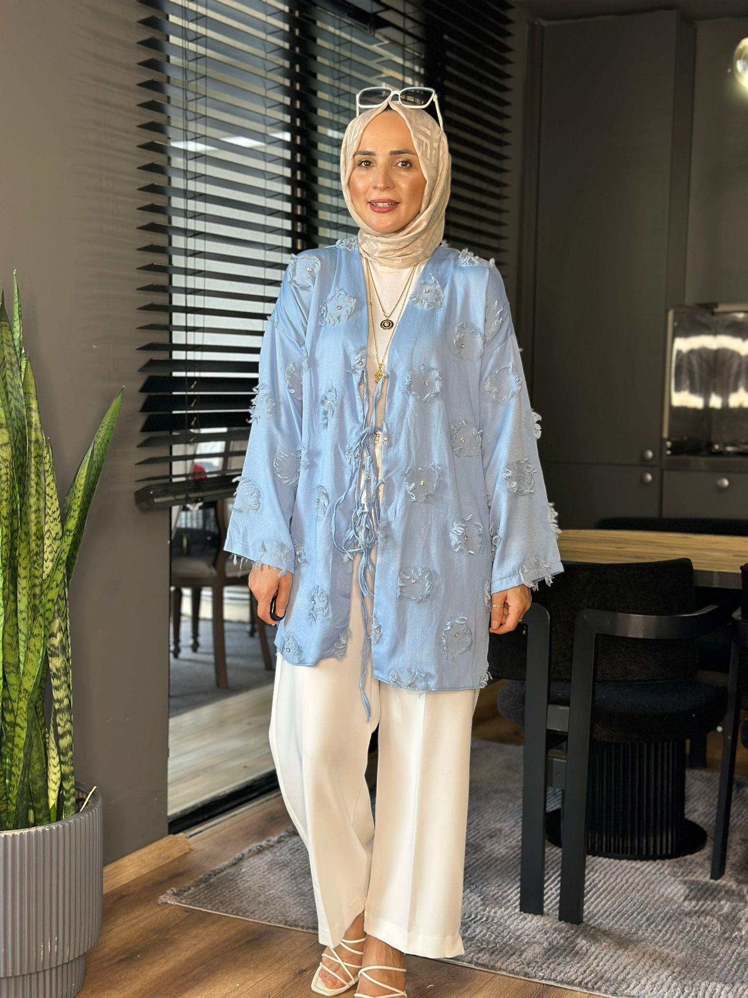 24325 YAMA DETAYLI KİMONO MAVİ 