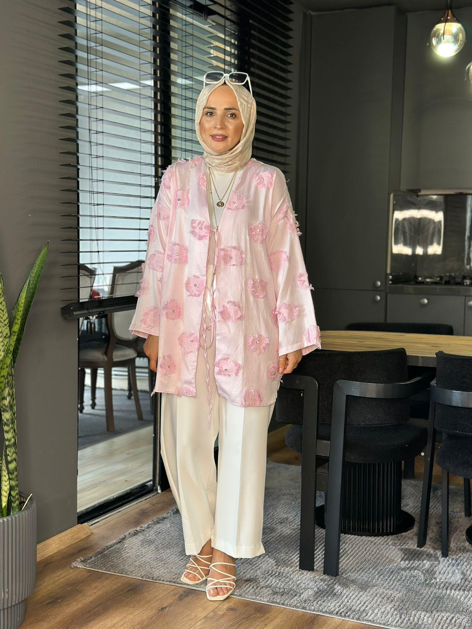 24325 YAMA DETAYLI KİMONO PEMBE 