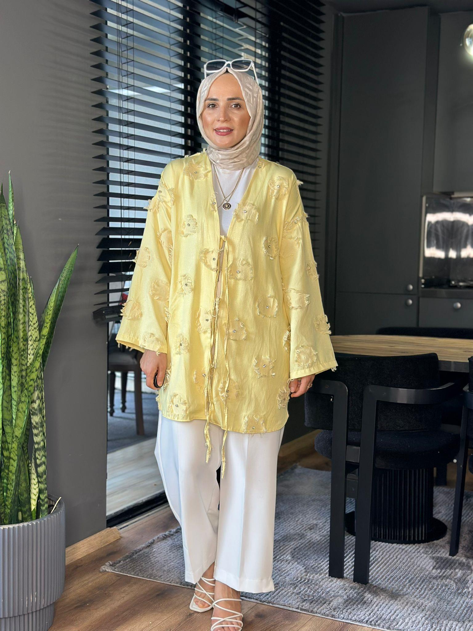 24325 YAMA DETAYLI KİMONO SARI