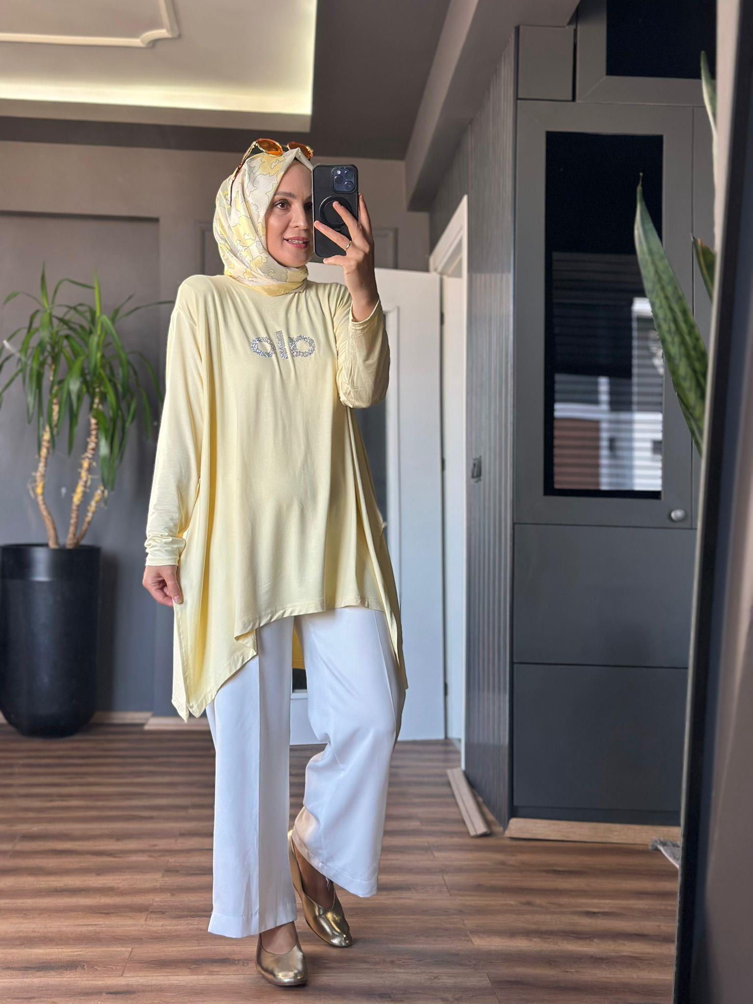 24341 TAŞLI ALO TUNİK SARI STANDART