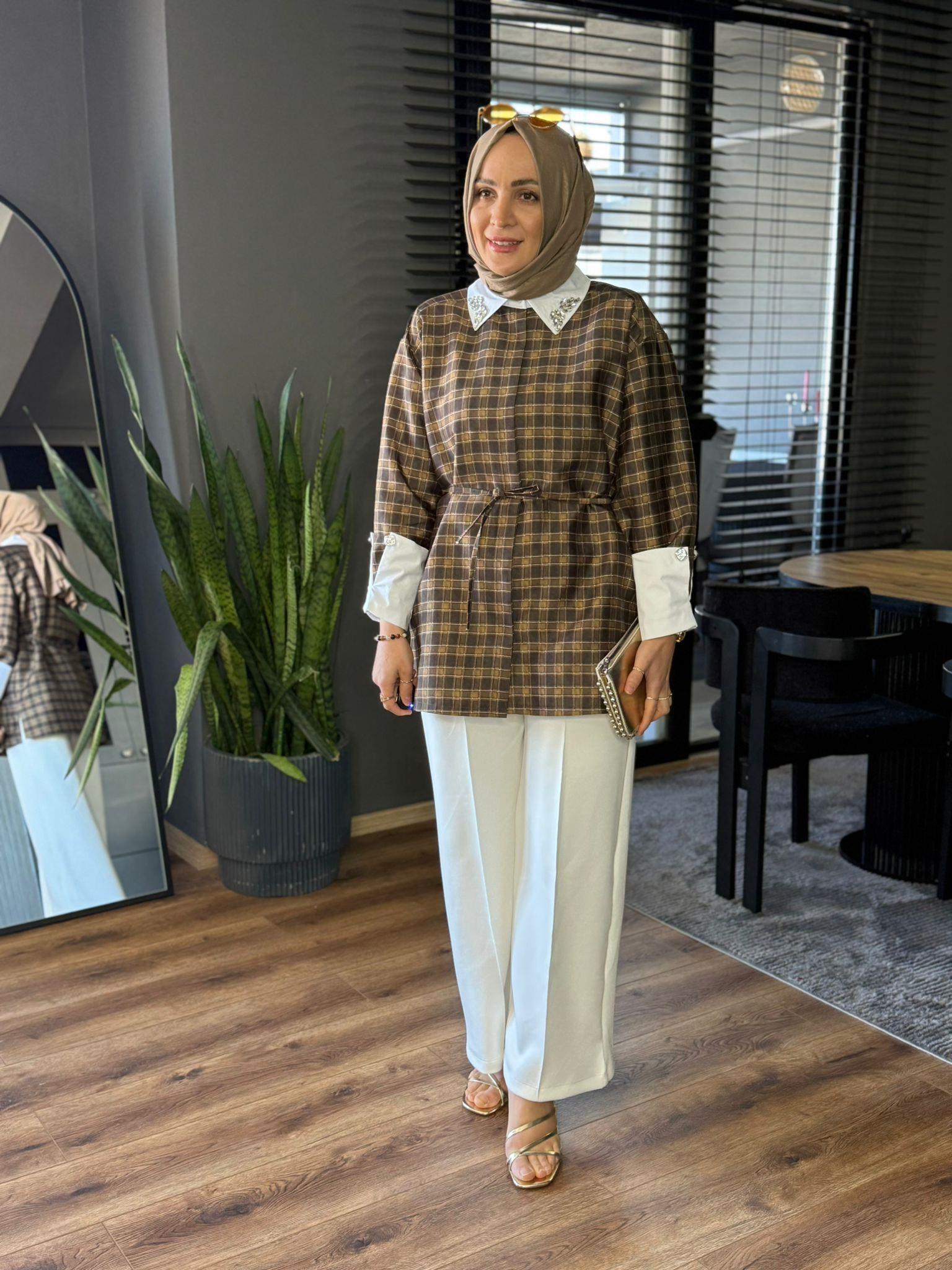 24397 YAKA KOL DETAY TUNİK YEŞİL  