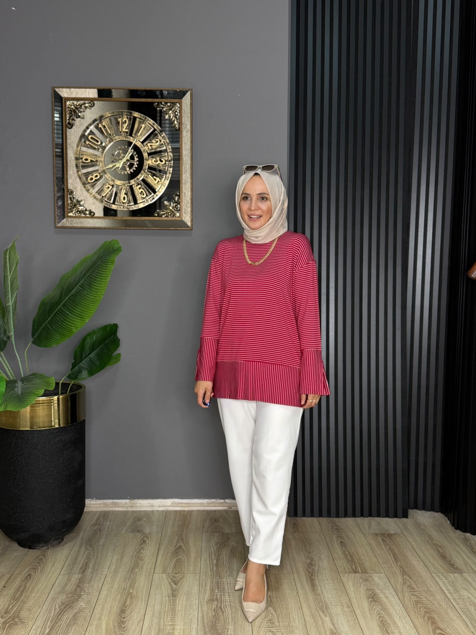 24438 NEVA ÇİZGİLİ TUNİK KIRMIZI 