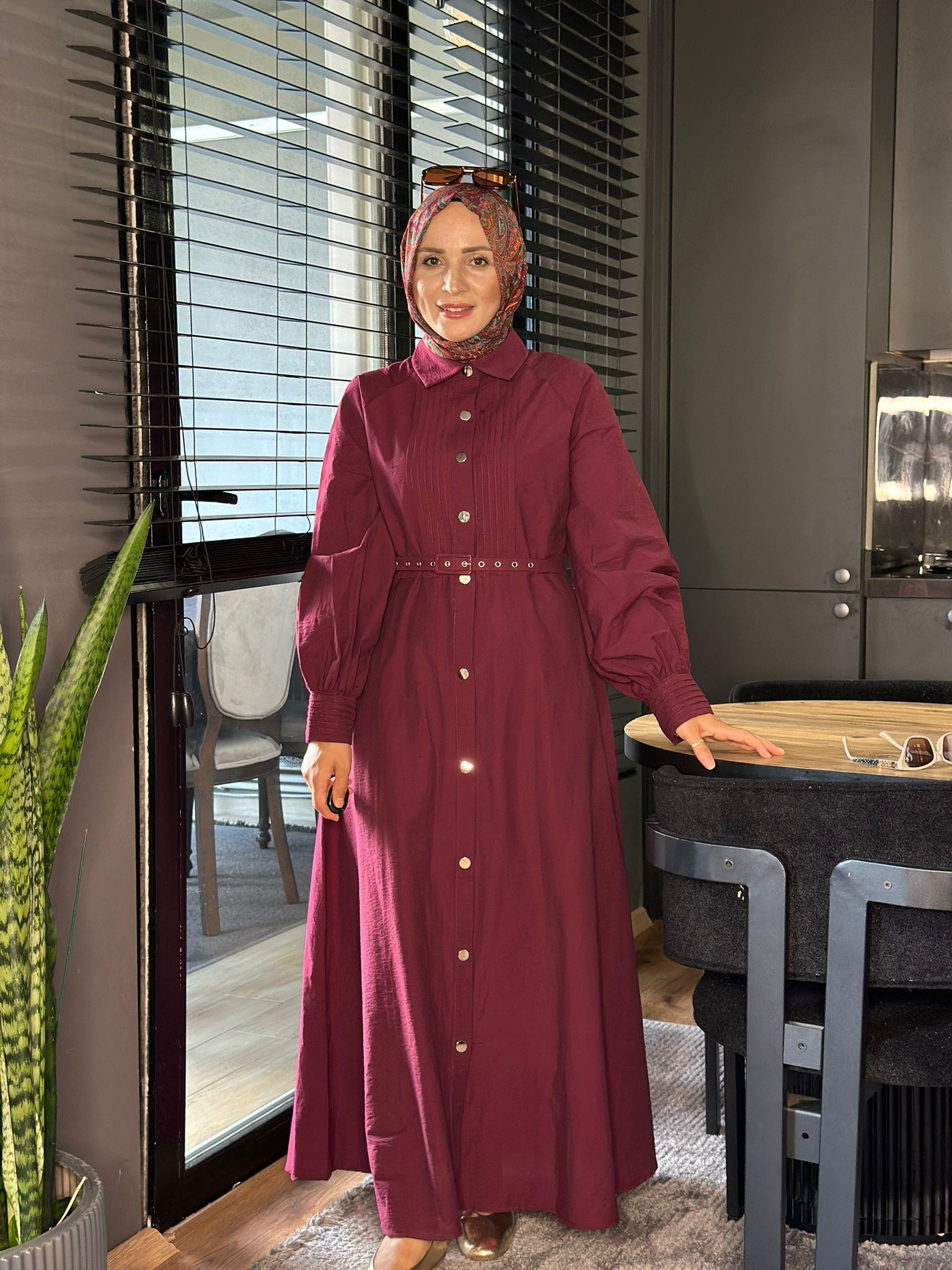 2502 DÜĞMELİ BORDO ELBİSE 