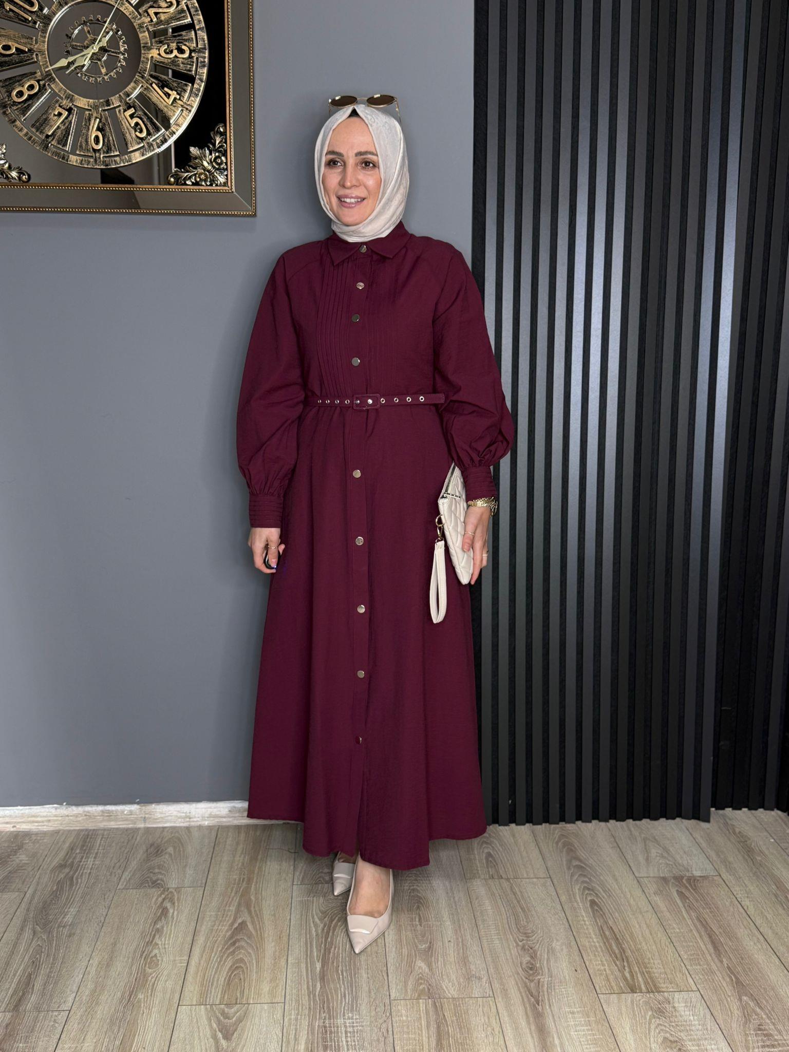 2502 DÜĞMELİ ELBİSE BORDO 