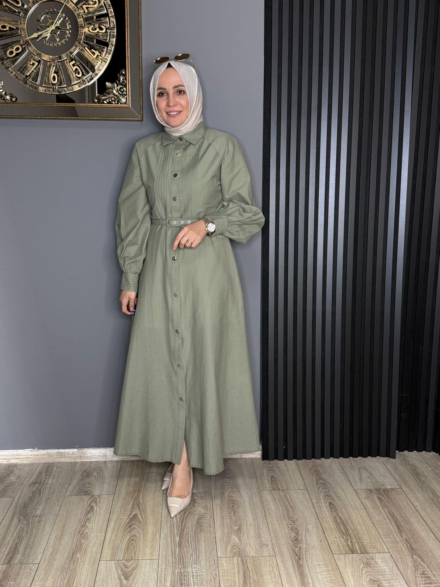 2502 DÜĞMELİ ELBİSE MİNT YEŞİLİ 