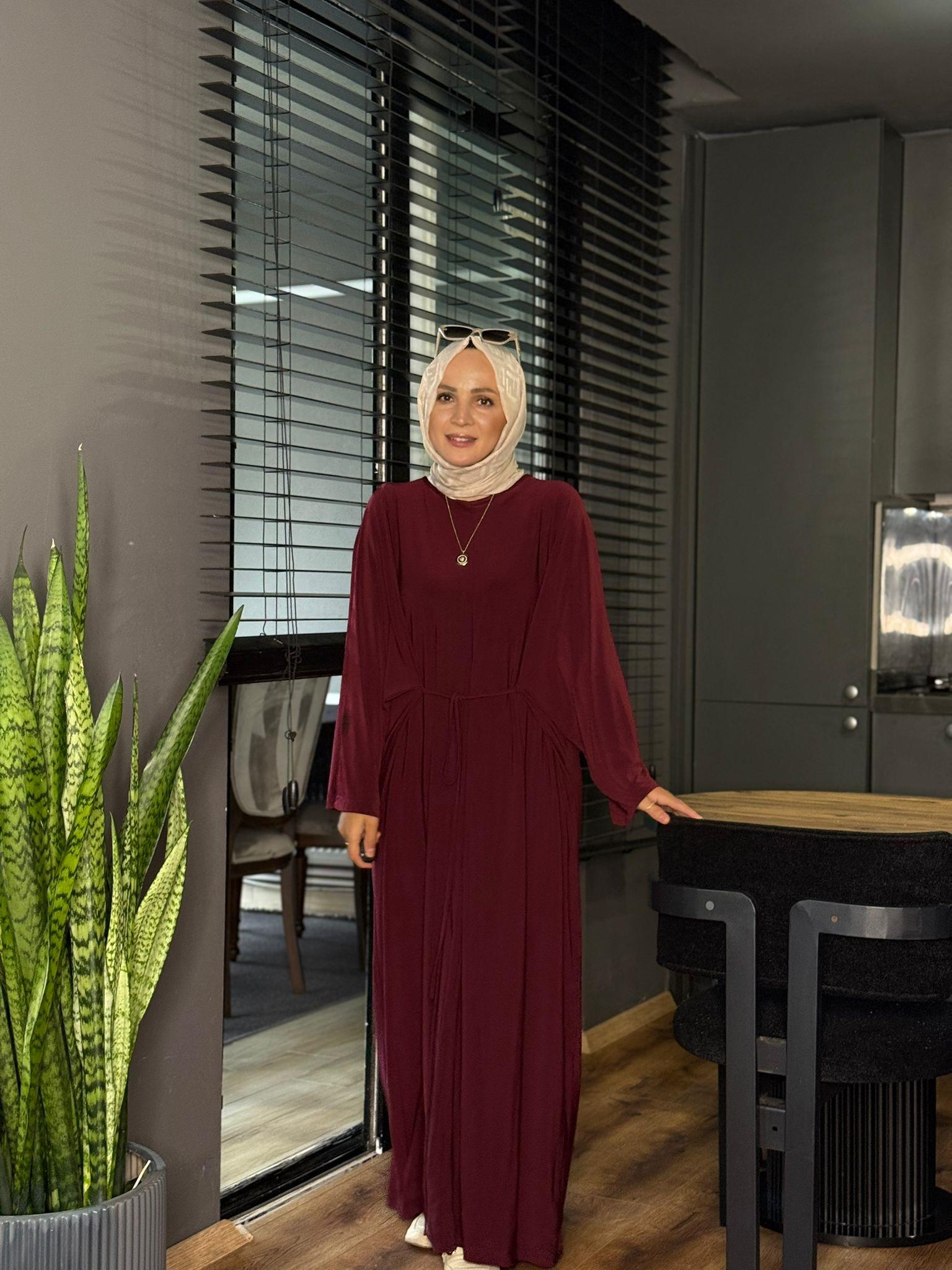 25117 İPLİ SENDY KUMAŞ ELBİSE BORDO STD