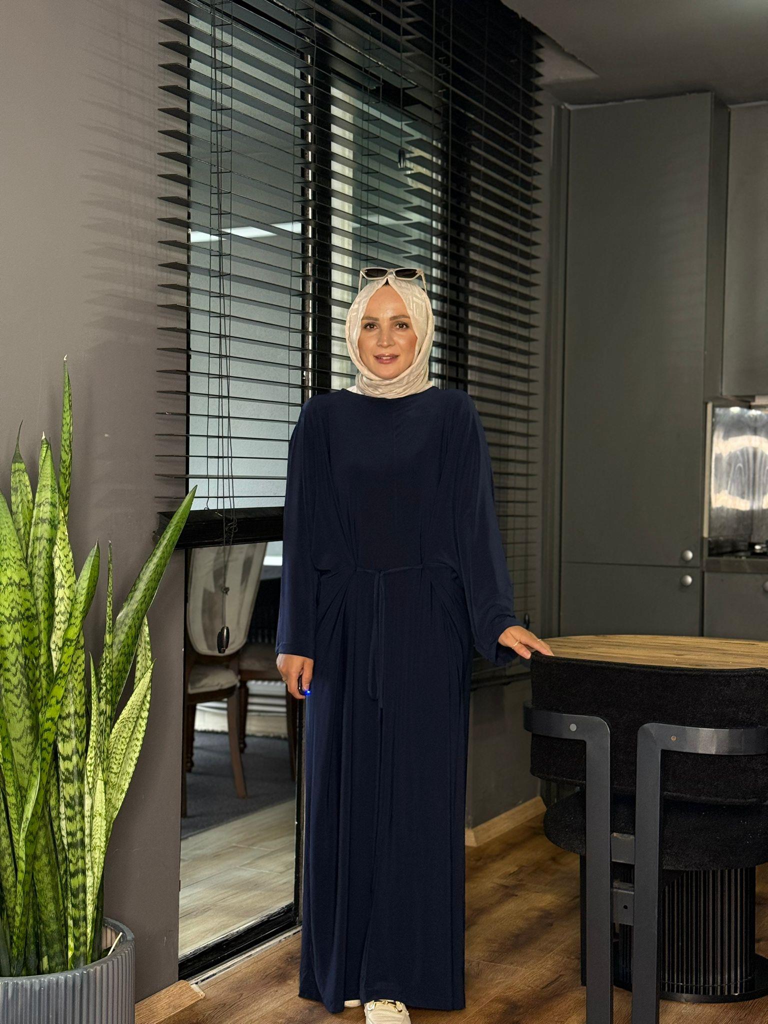 25117 İPLİ SENDY KUMAŞ ELBİSE LACİVERT STD