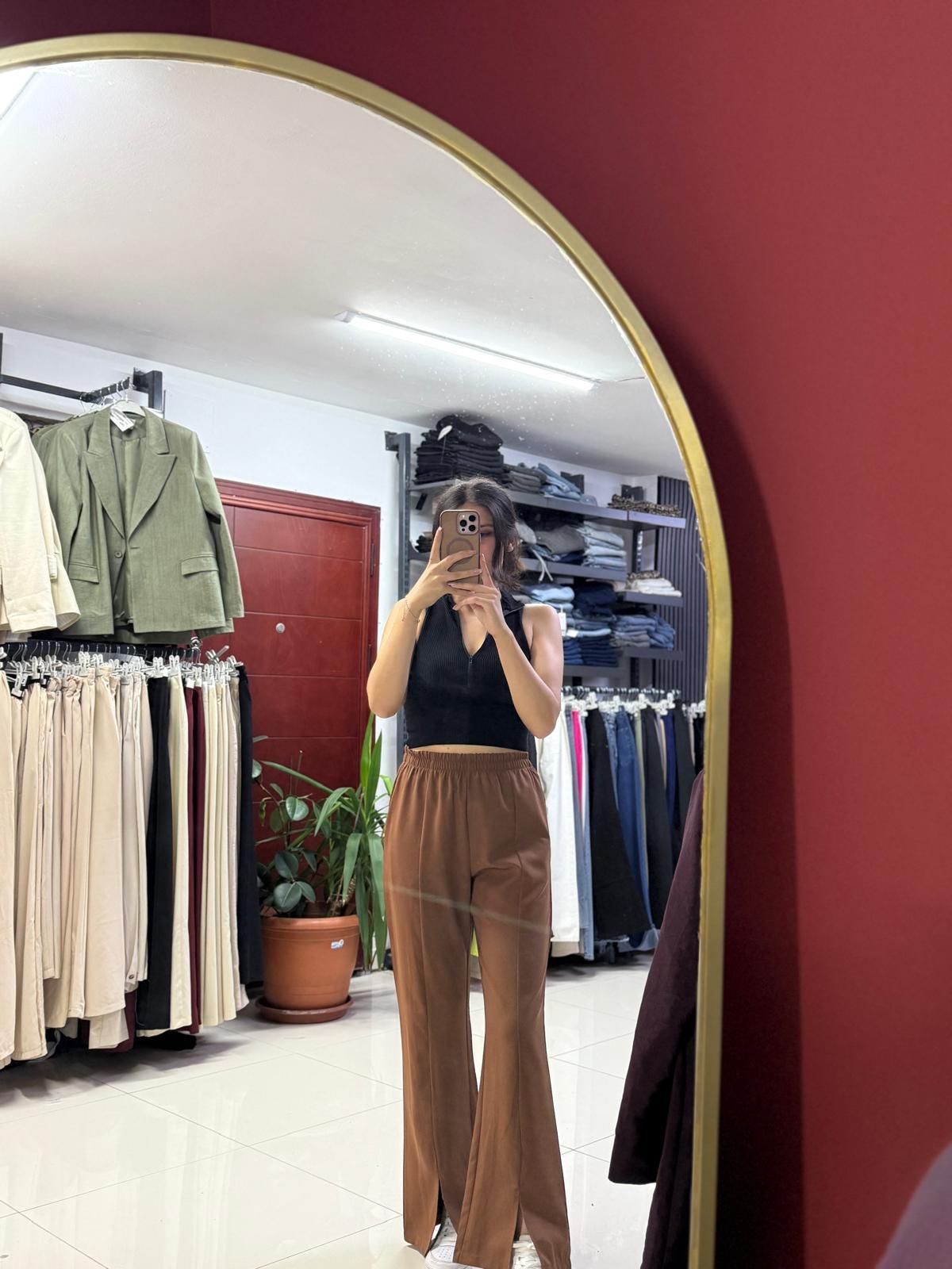 26047 ÖNÜ YIRTMAÇLI KUMAŞ PANTOLON KAHVE 