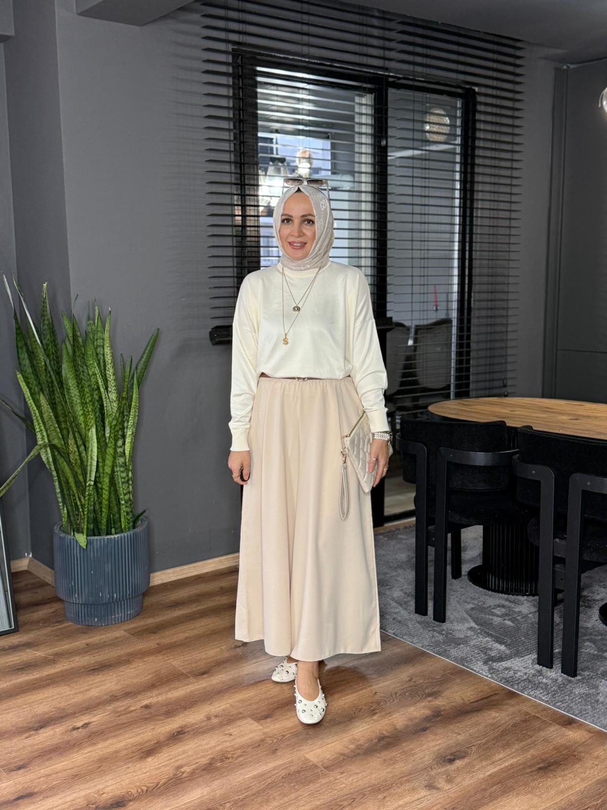 26081 KUMAŞ ETEK PANTOLON KREM 