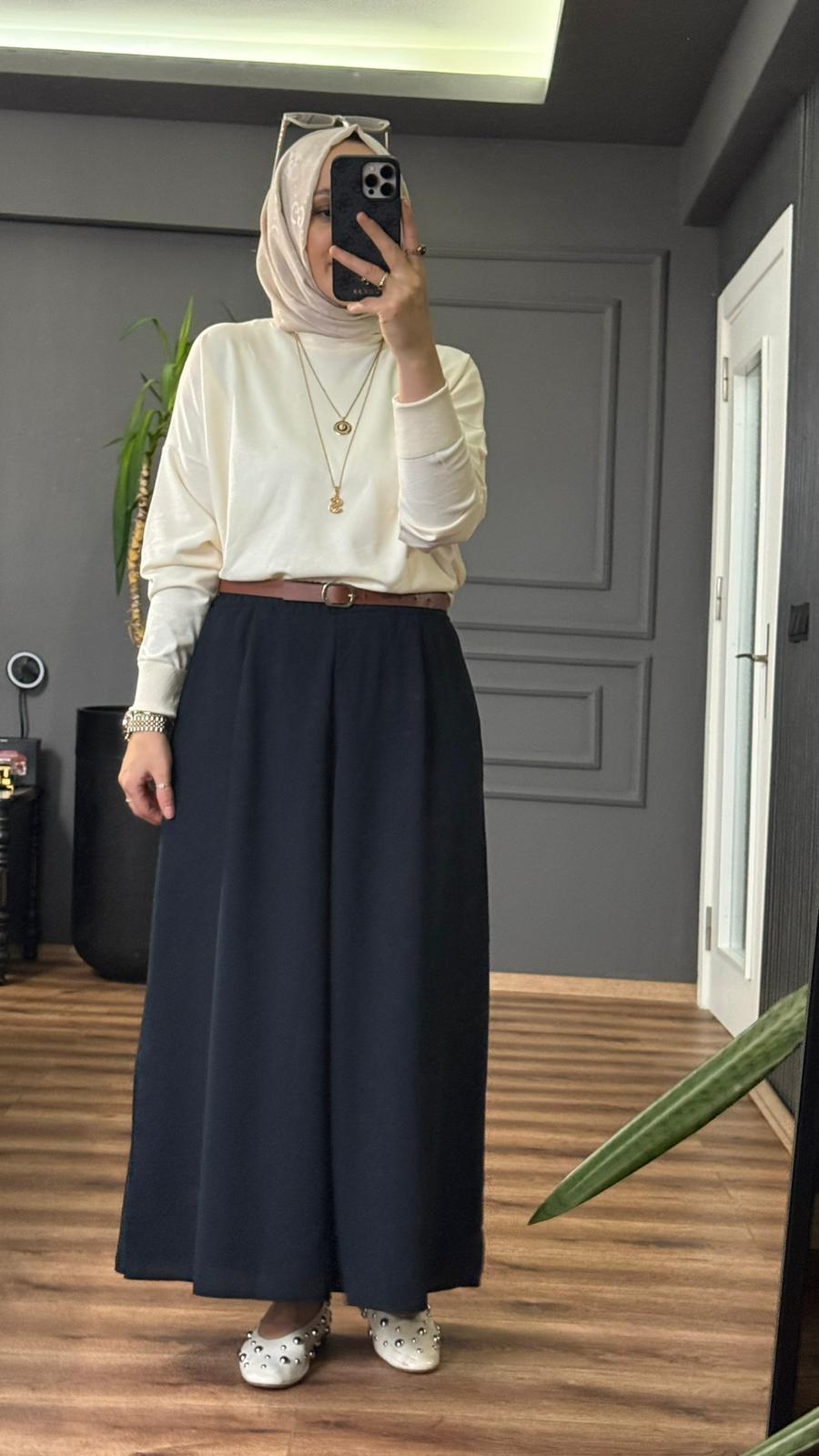 26081 KUMAŞ ETEK PANTOLON LACİVERT  