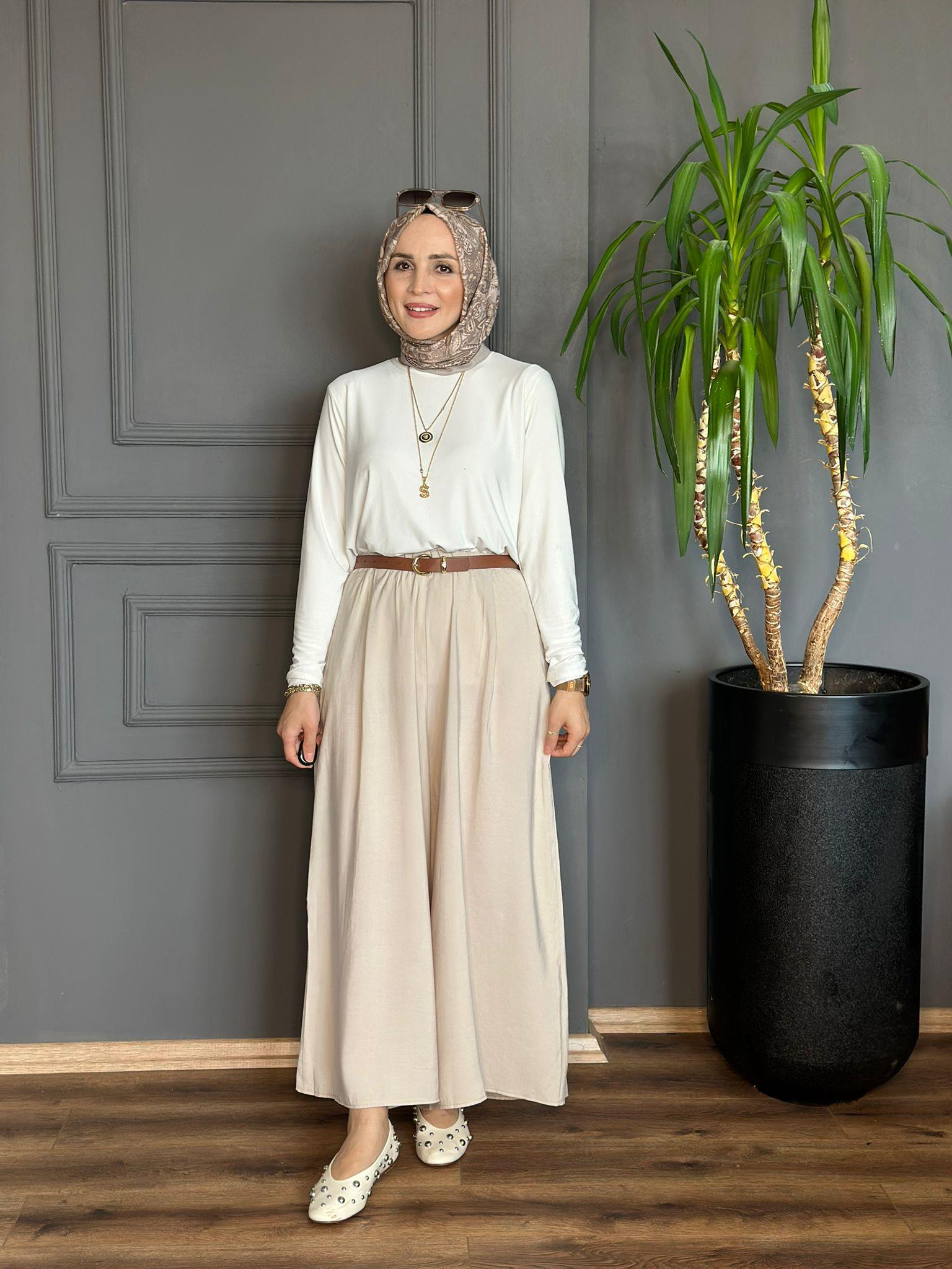 26083 TENSEL KUMAŞ ETEK PANTOLON BEJ 