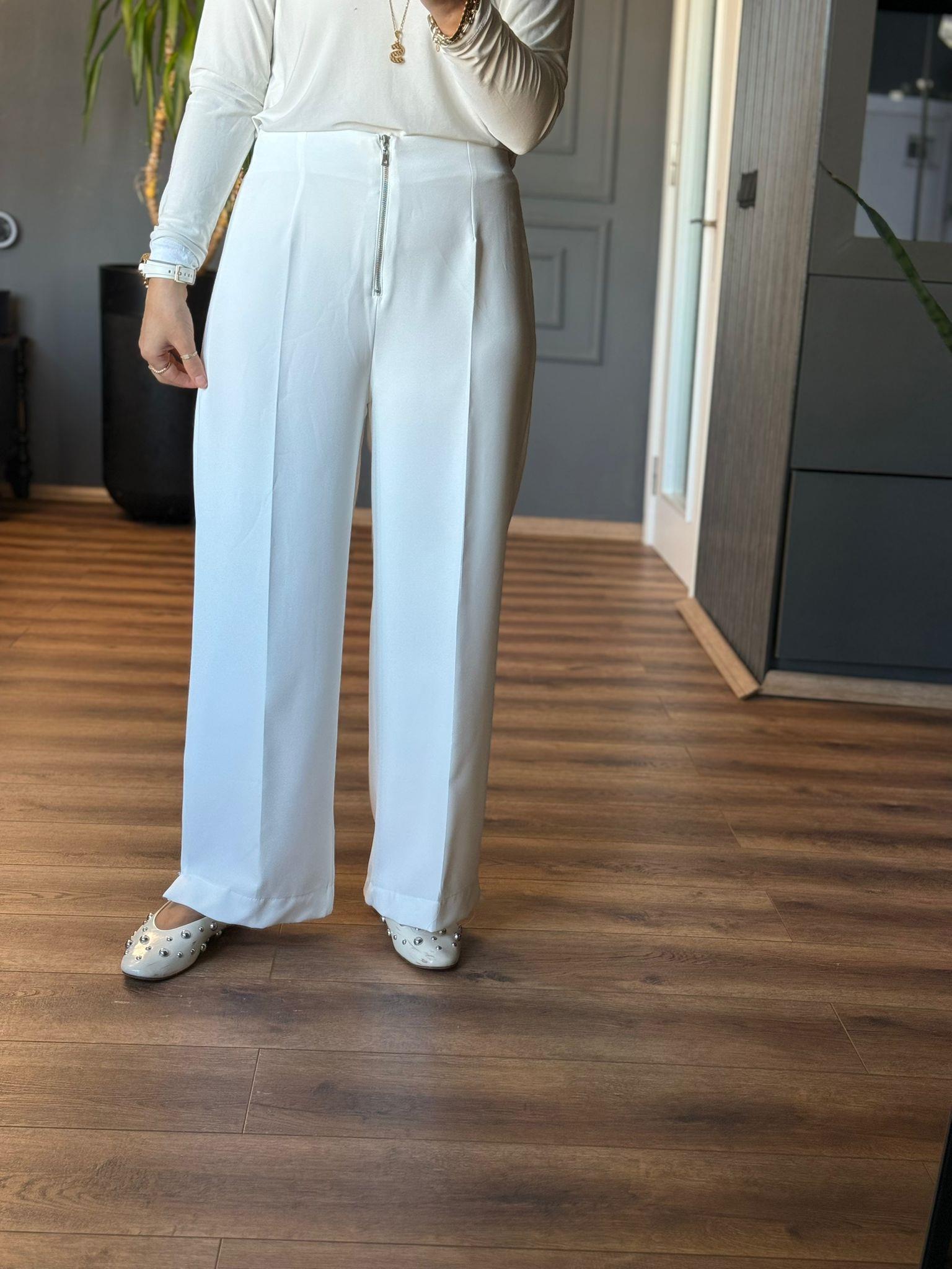 26086 FERMUARLI DÜZ KESİM KUMAŞ PANTOLON  BEYAZ