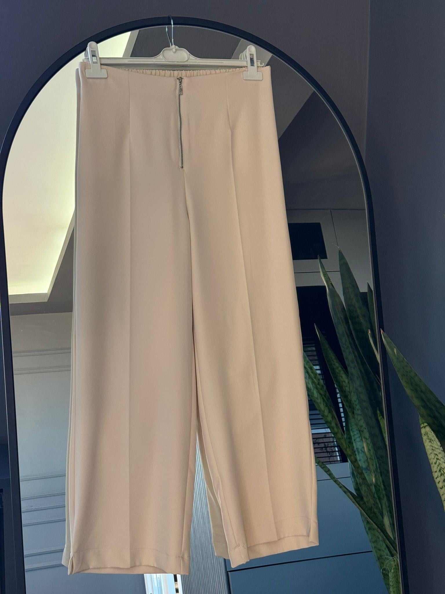26086 FERMUARLI DÜZ KESİM KUMAŞ PANTOLON  KREM 