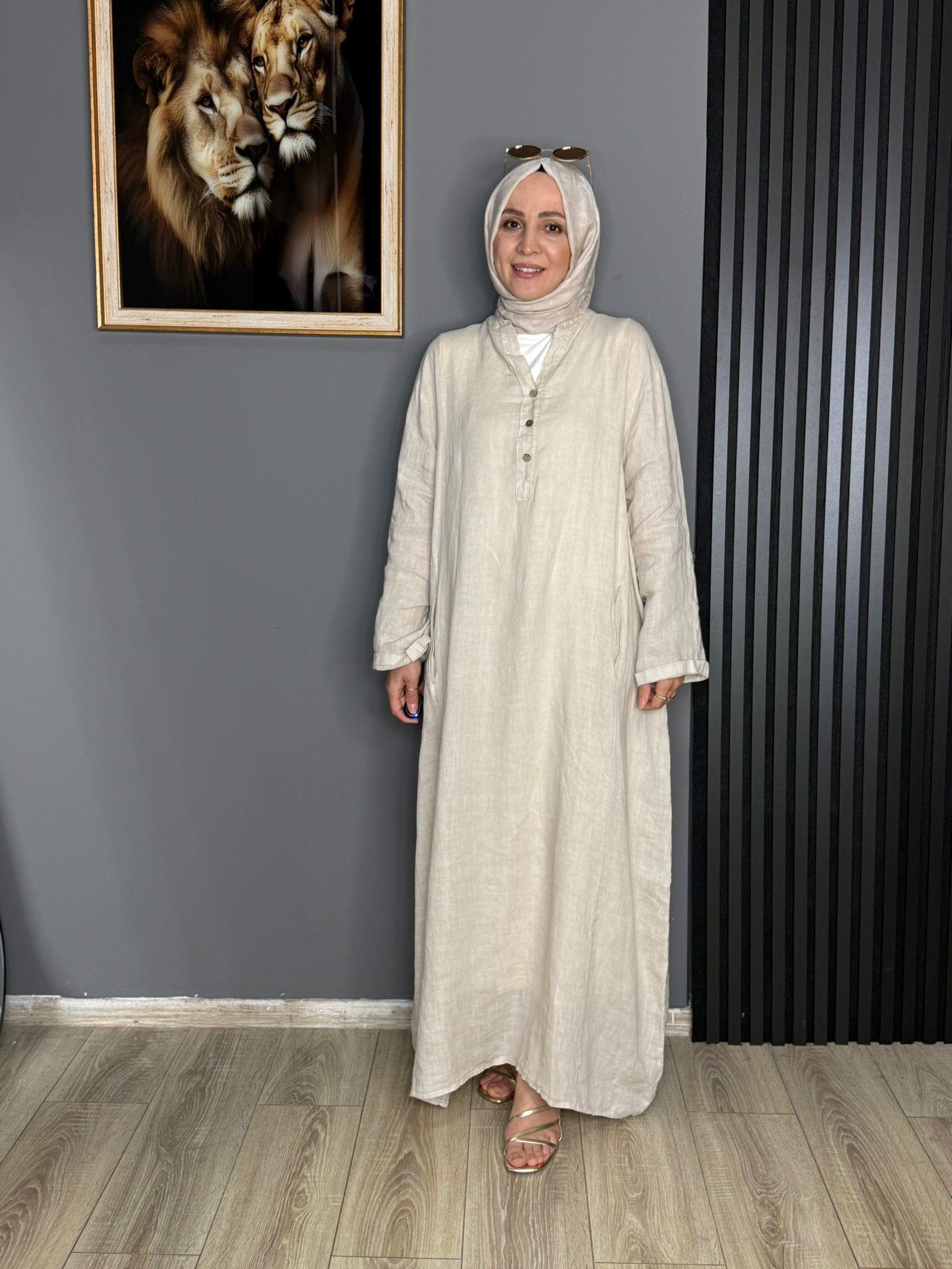 2701 KETEN ELBİSE KREM
