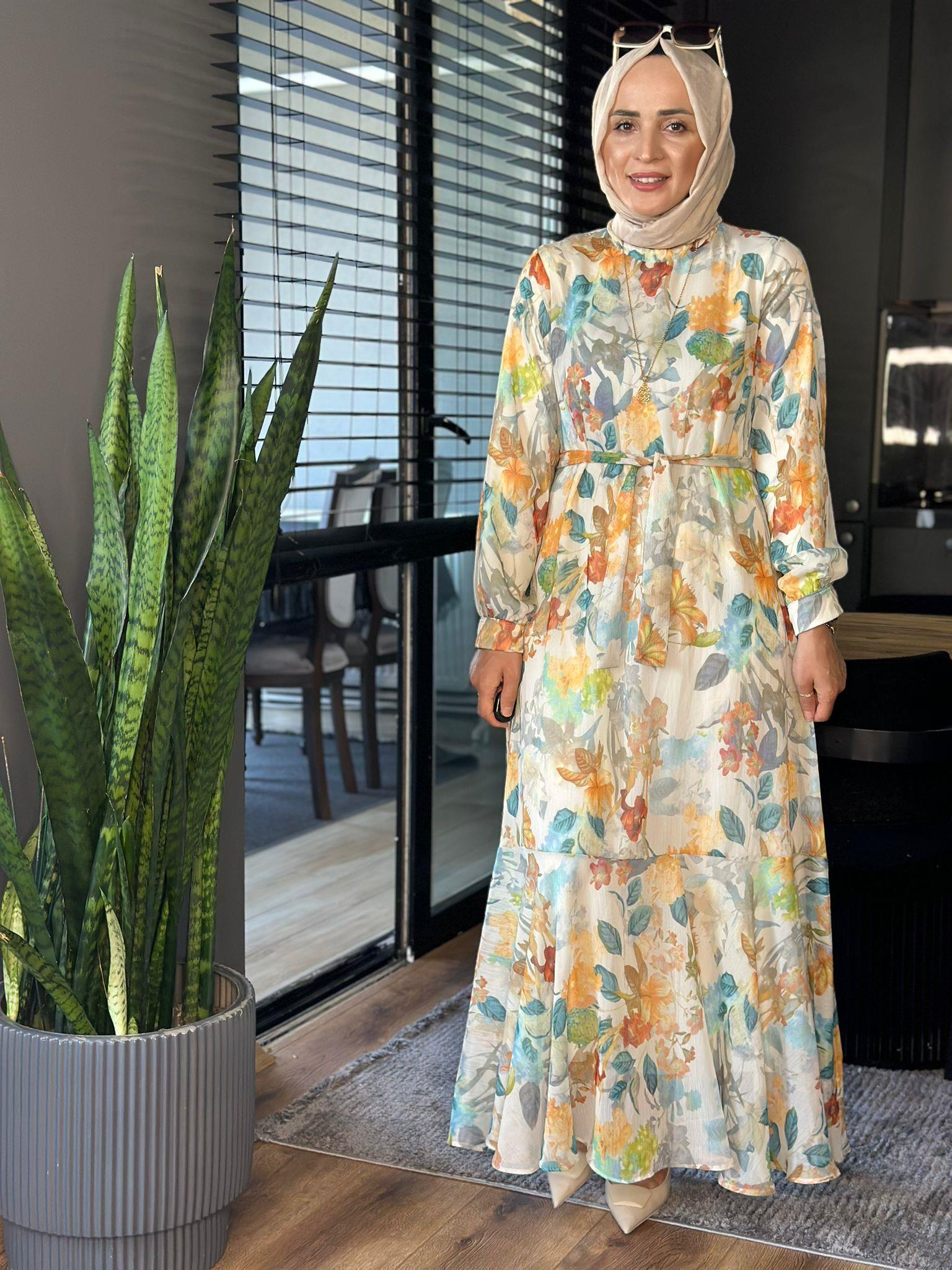 2746 YAPRAK DESENLİ ELBİSE SARI 