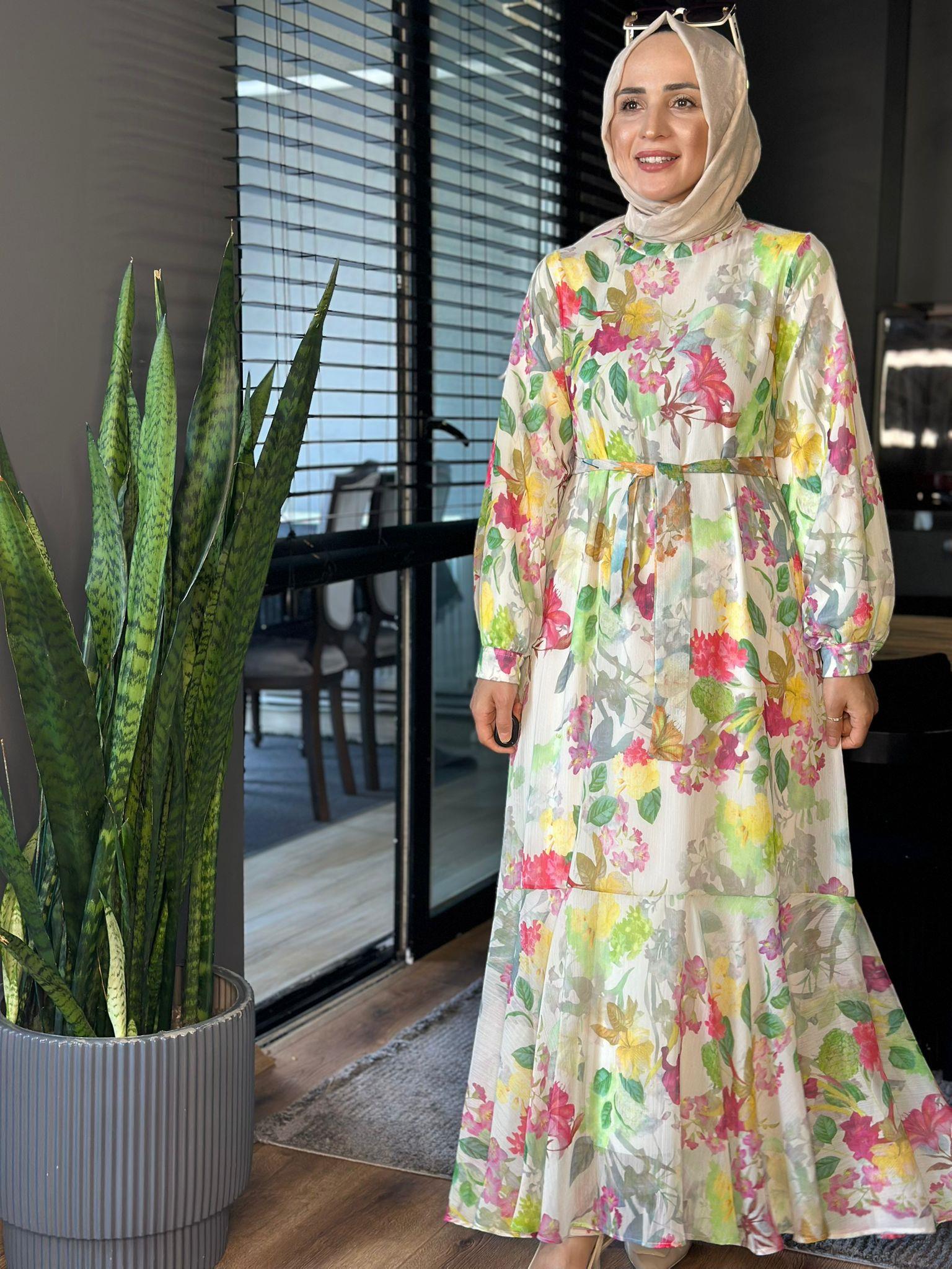 2746 YAPRAK DESENLİ ELBİSE YEŞİL 