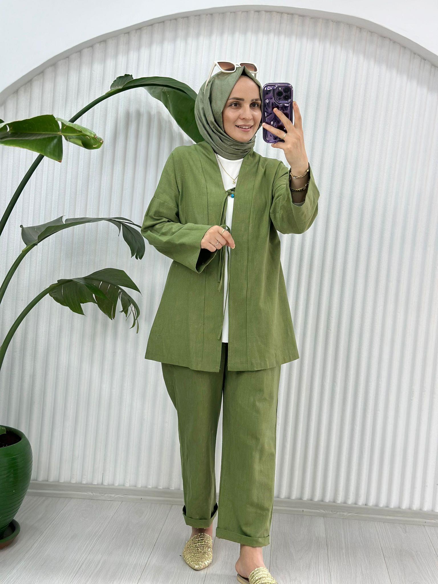 2856 KETEN PANTOLON TAKIM MİNT YEŞİL 