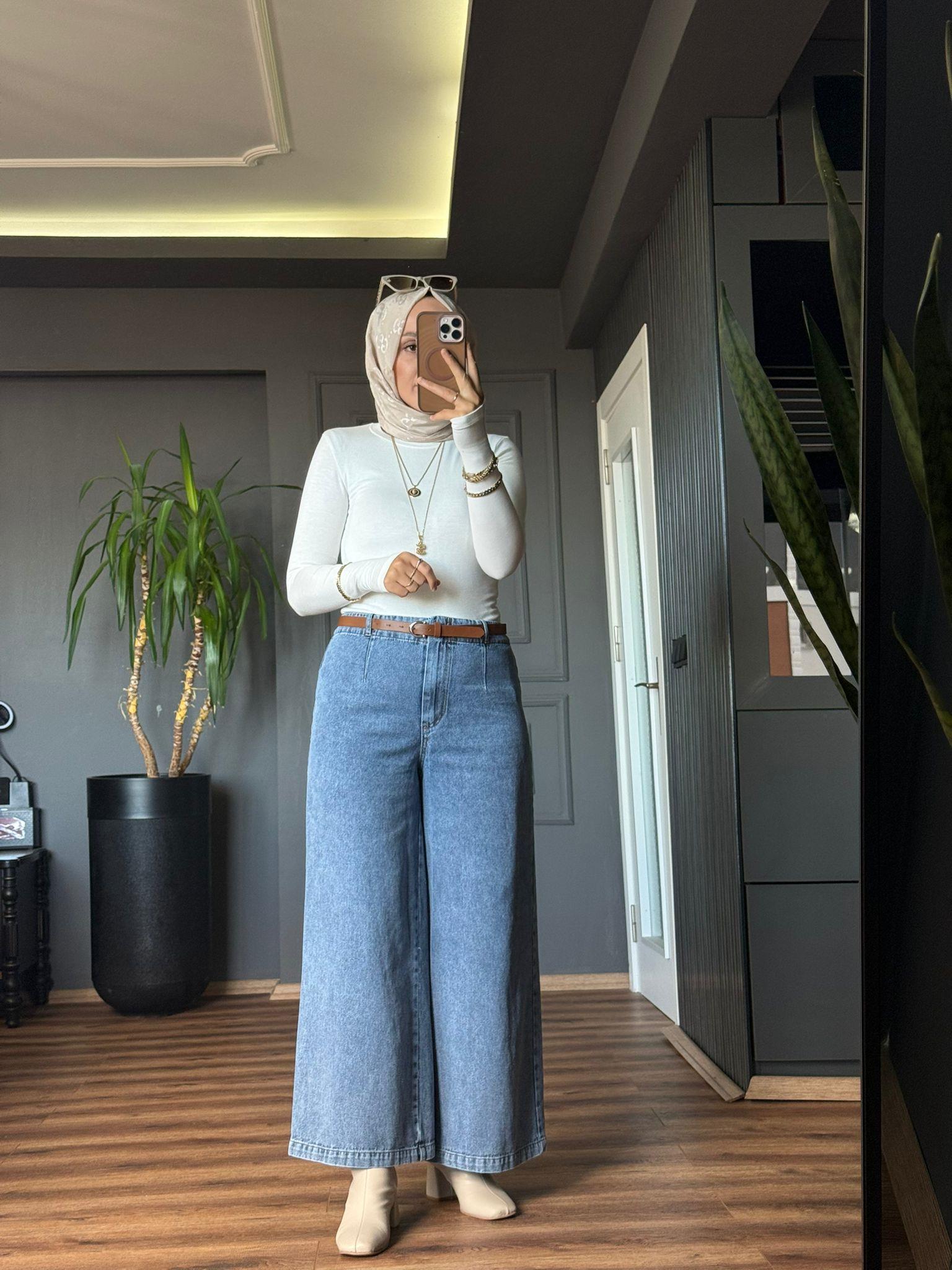 2881 KEMERLİ BOL KOT PANTOLON MAVİ 