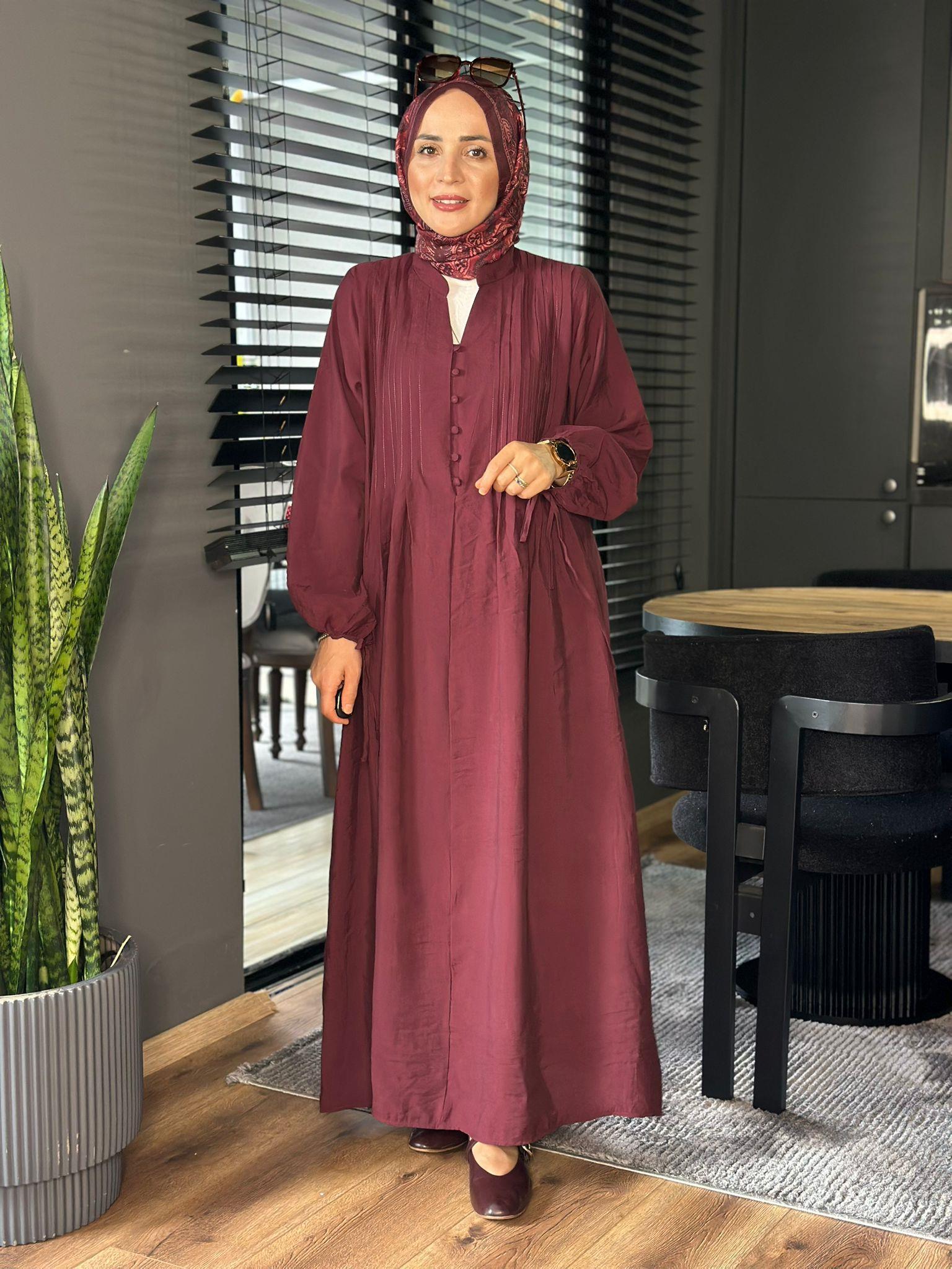 2980 NERVÜR DETAYLI ELBİSE BORDO 