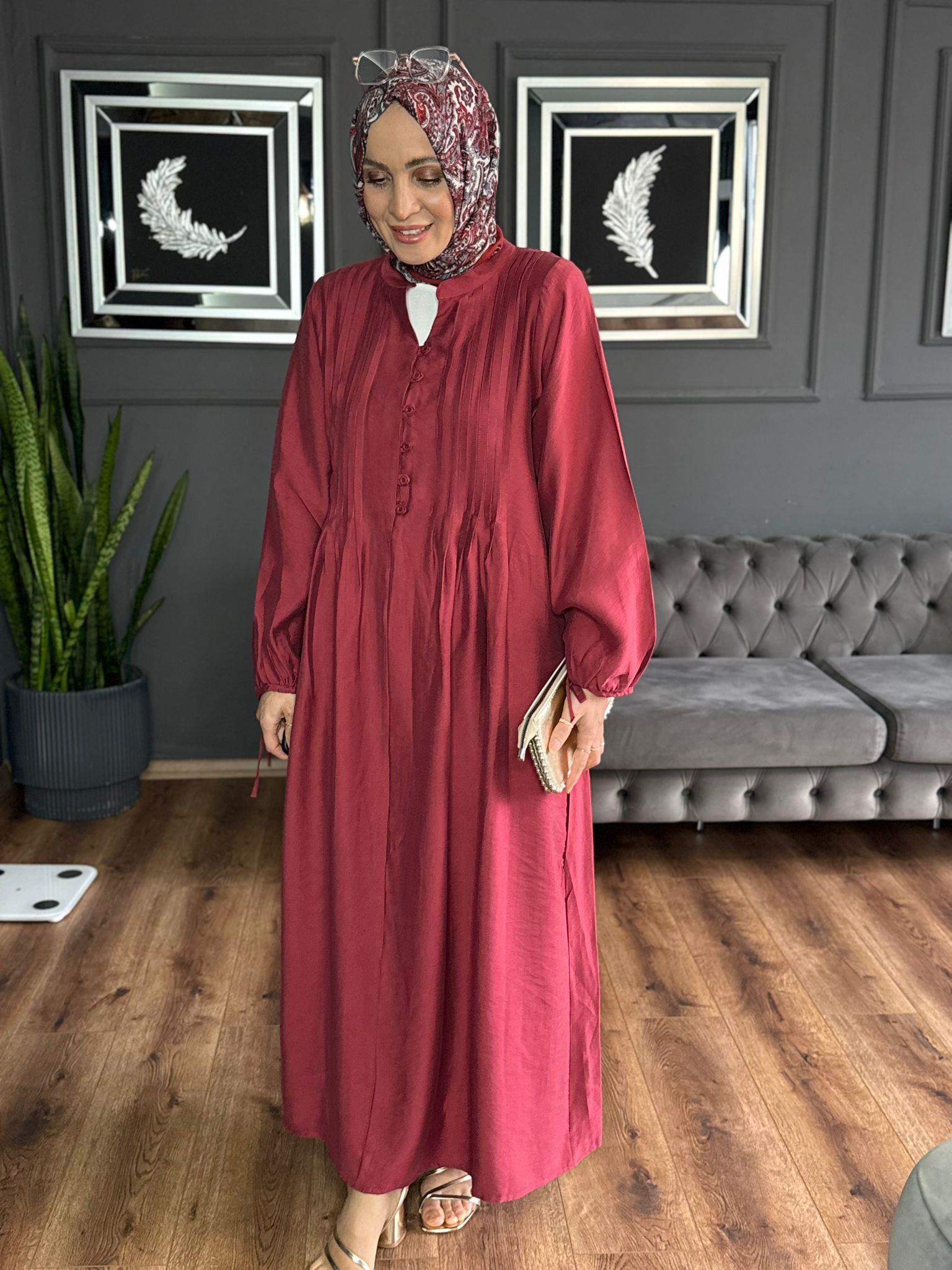 2980 PİLE DETAYLI ELBİSE BORDO 