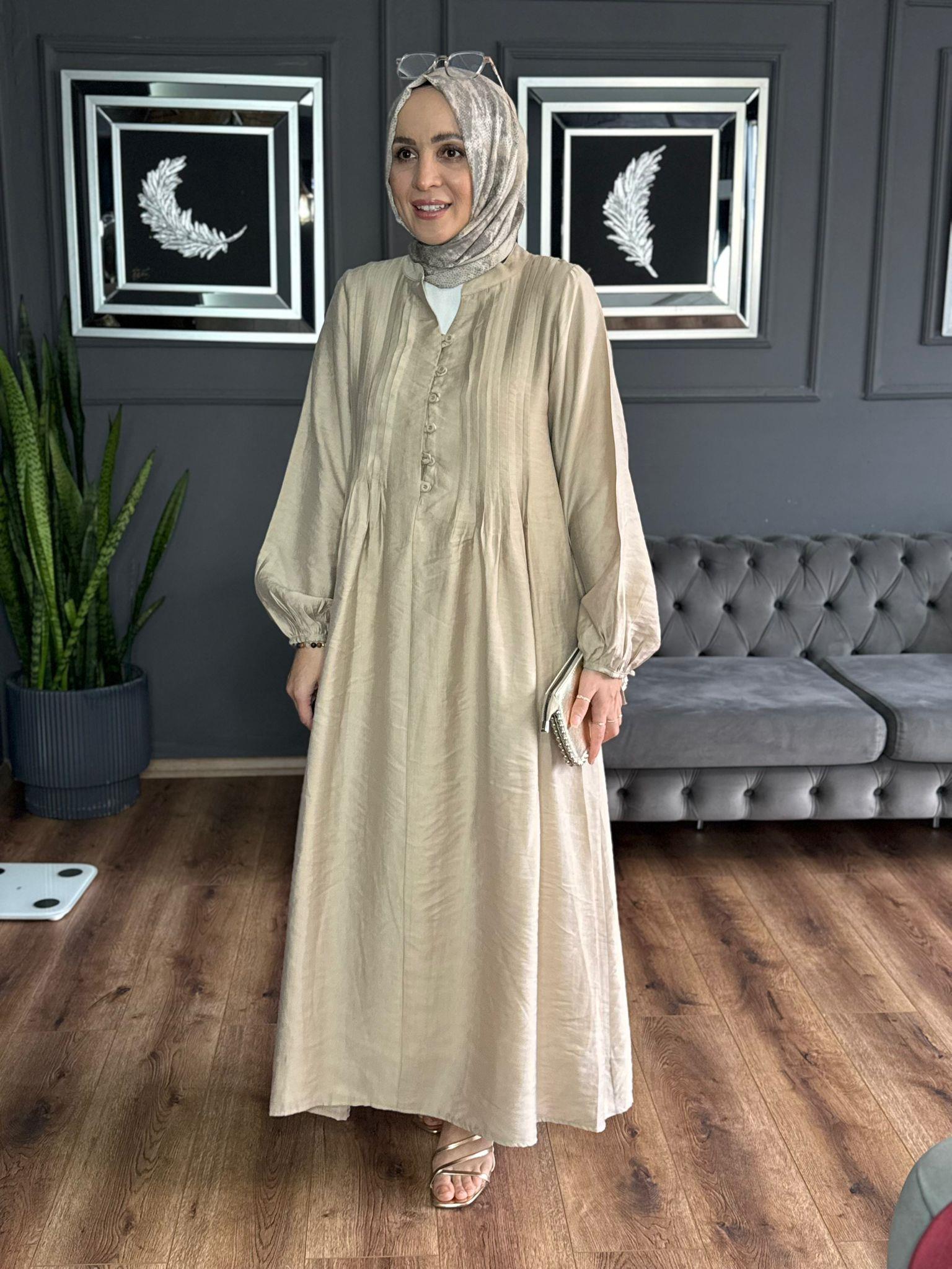 2980 PİLE DETAYLI ELBİSE KREM 