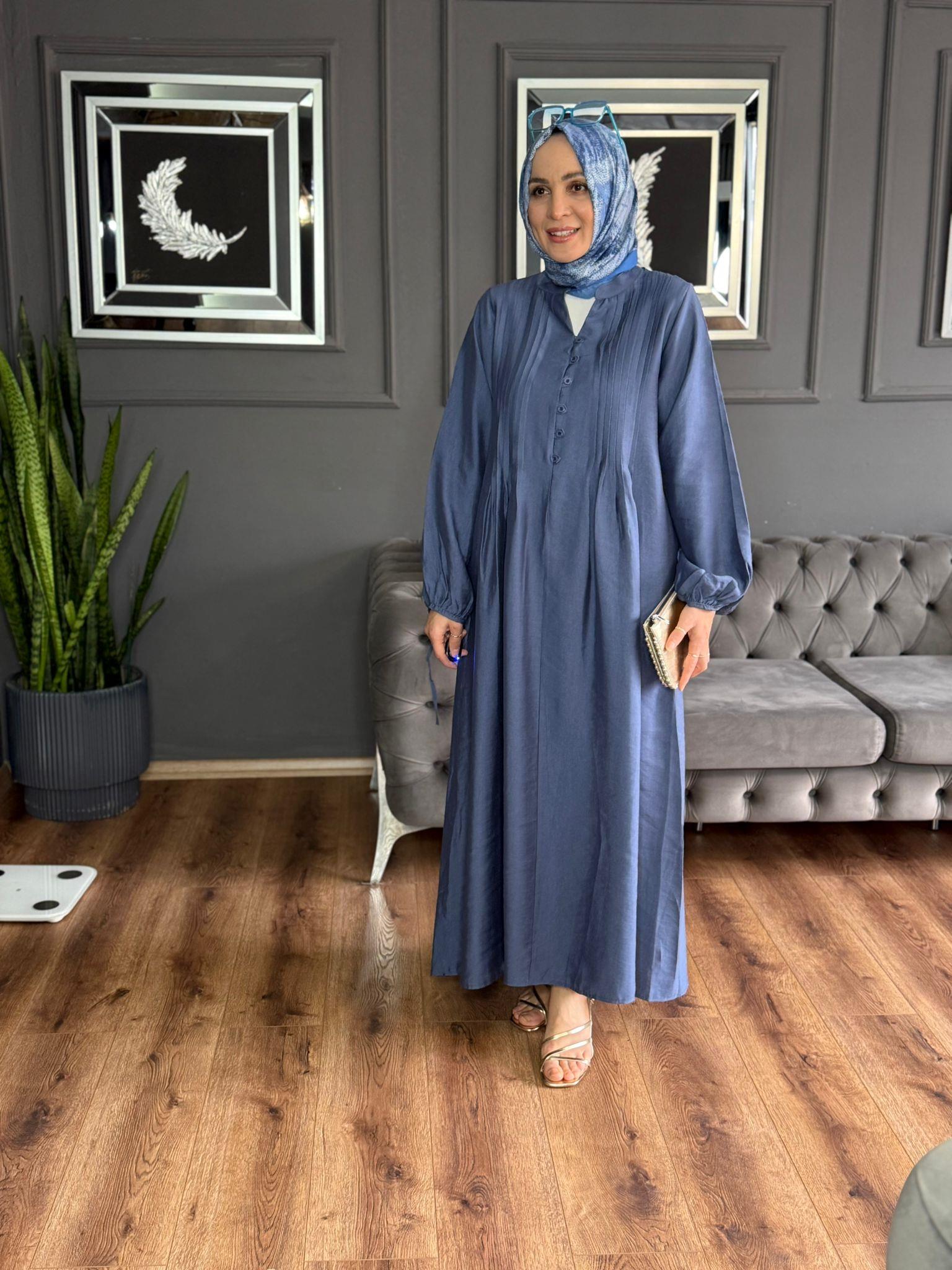 2980 PİLE DETAYLI ELBİSE MAVİ 