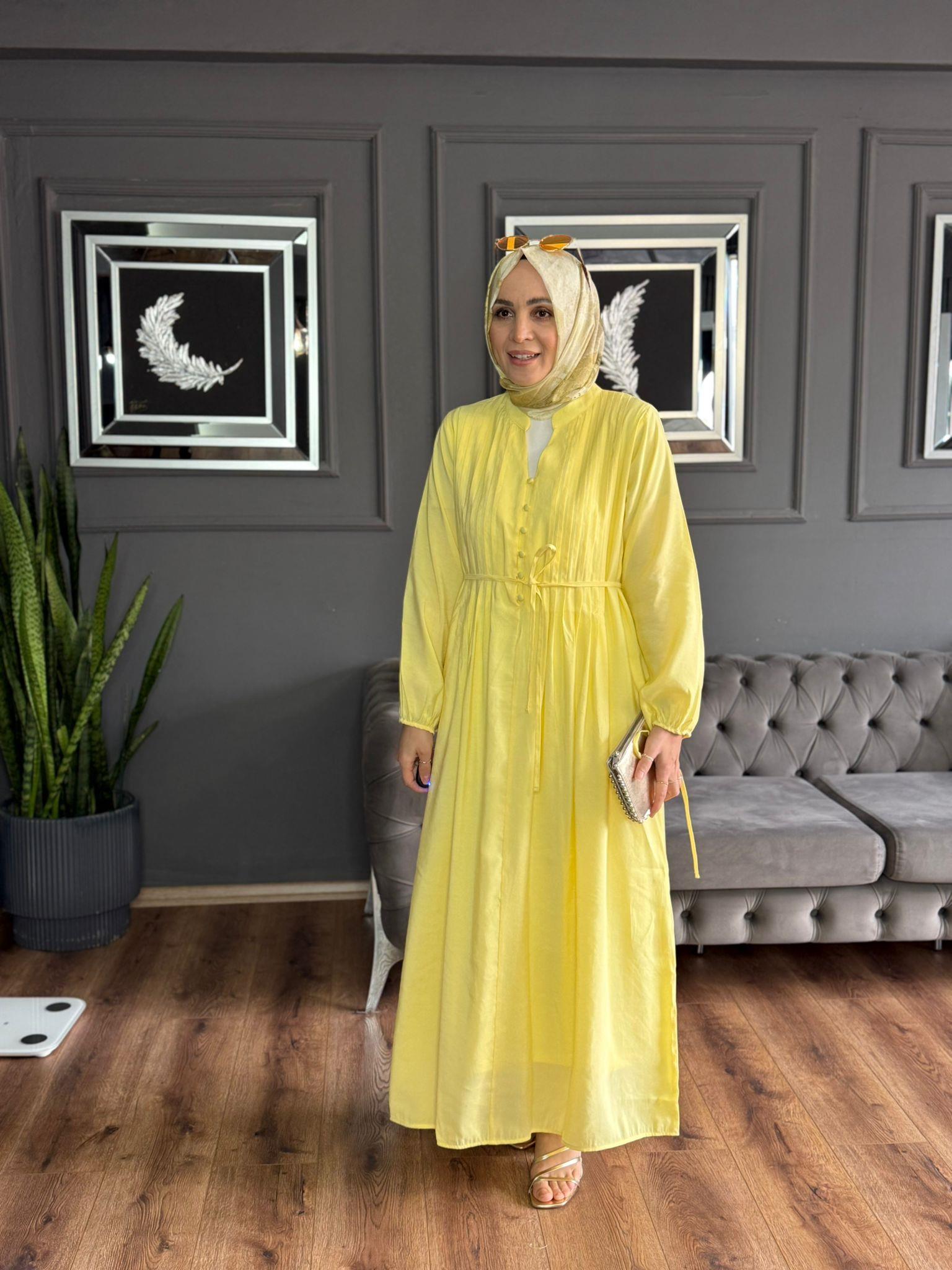 2980 PİLE DETAYLI ELBİSE SARI 