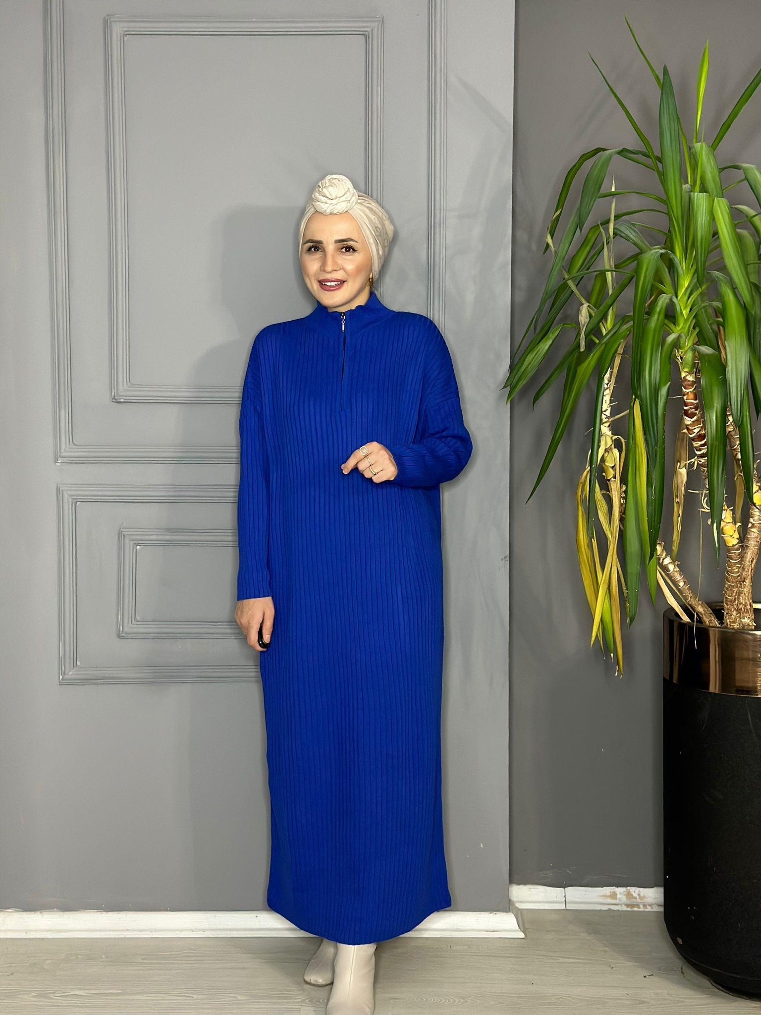 30233 YARI FERMUAR ELBİSE SAKS MAVİ