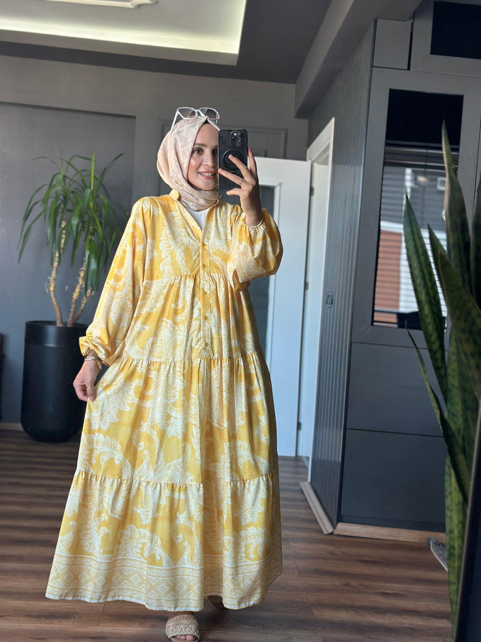 32362 DESENLİ BALON KOL ELBİSE SARI