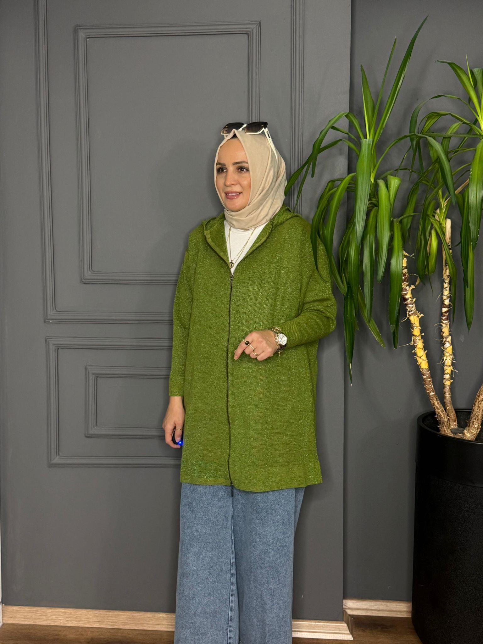 40707 SİM DETAY  FERMUARLI HIRKA YEŞİL STD