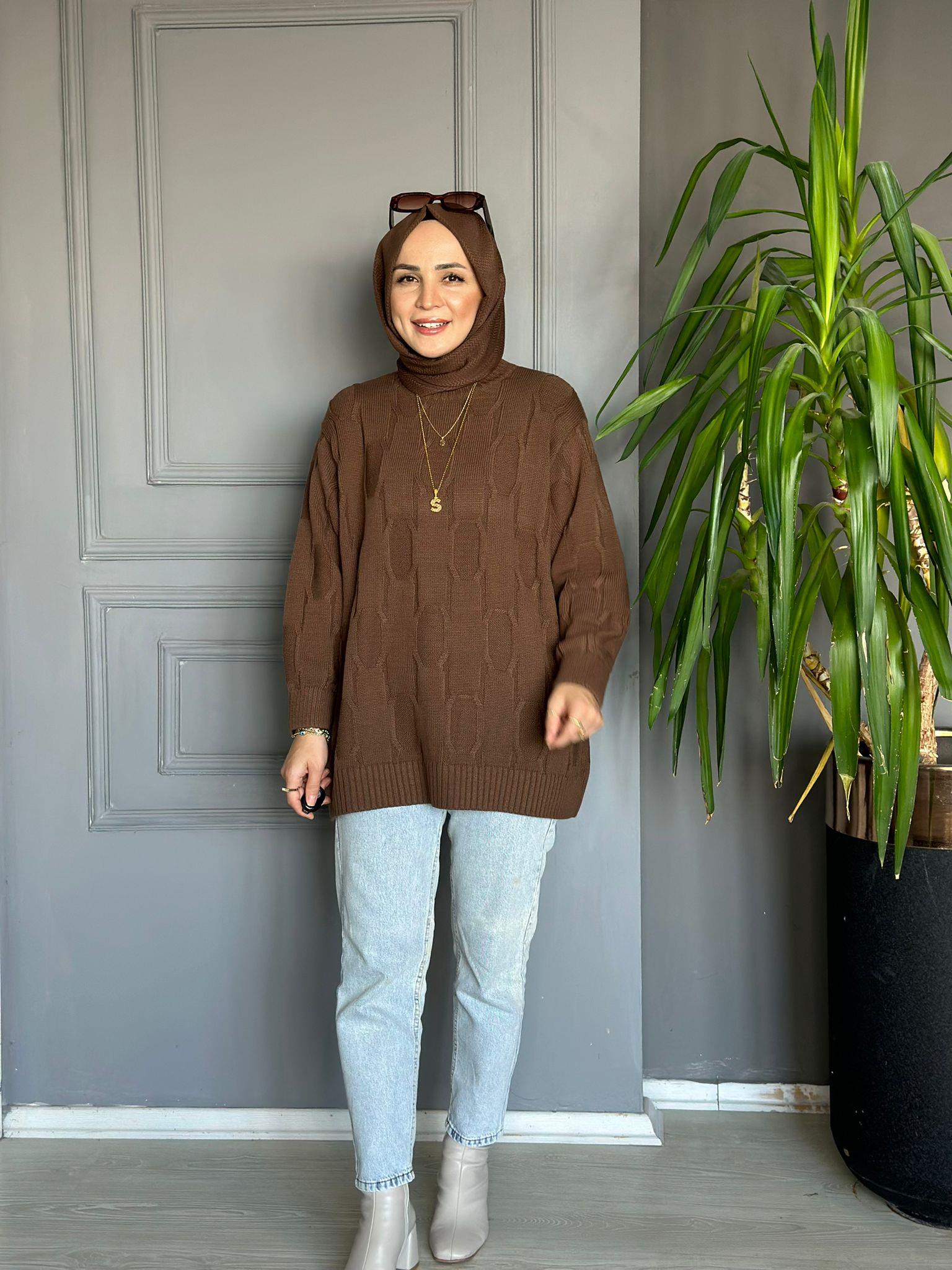 40743 BAKLAVA DESEN KAZAK KAHVERENGİ