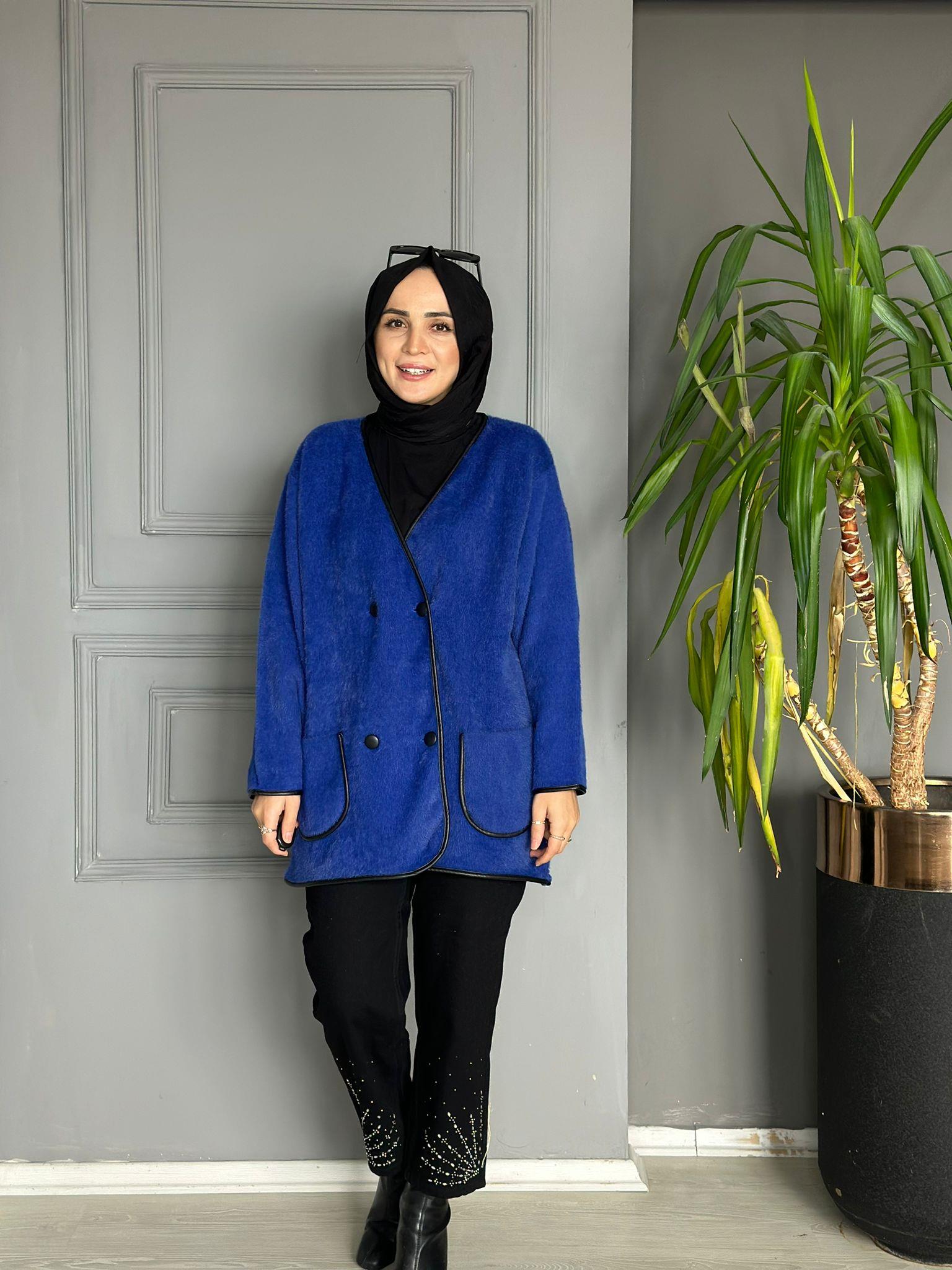 40840 DERİ DETAY ANGORA CEKET SAKS MAVİ