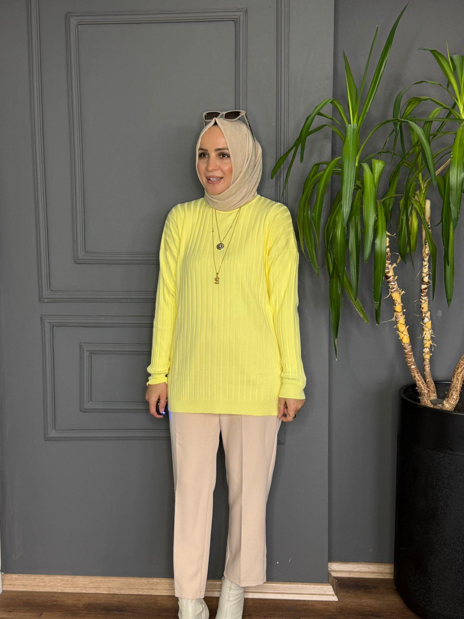 40991 ÇİZGİ DETAY MERSERİZE TUNİK SARI STD 