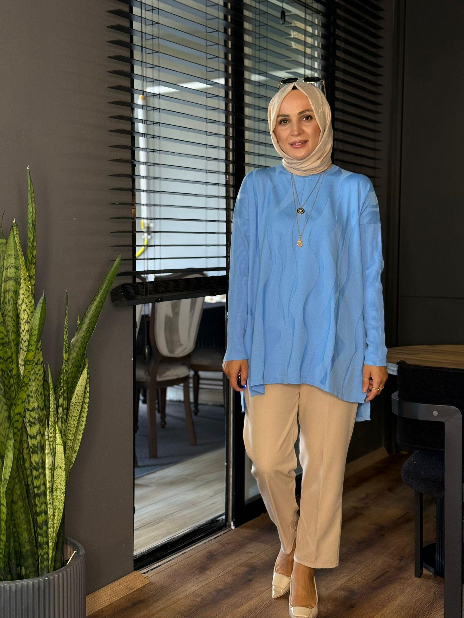 44013 DALGA DETAY MERSERİZE TUNİK MAVİ STD