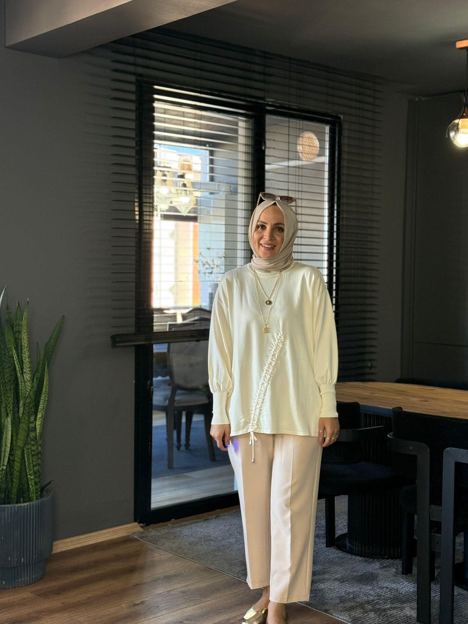 44197 AYARLANABİLİR BÜZGÜLÜ TUNİK EKRU 