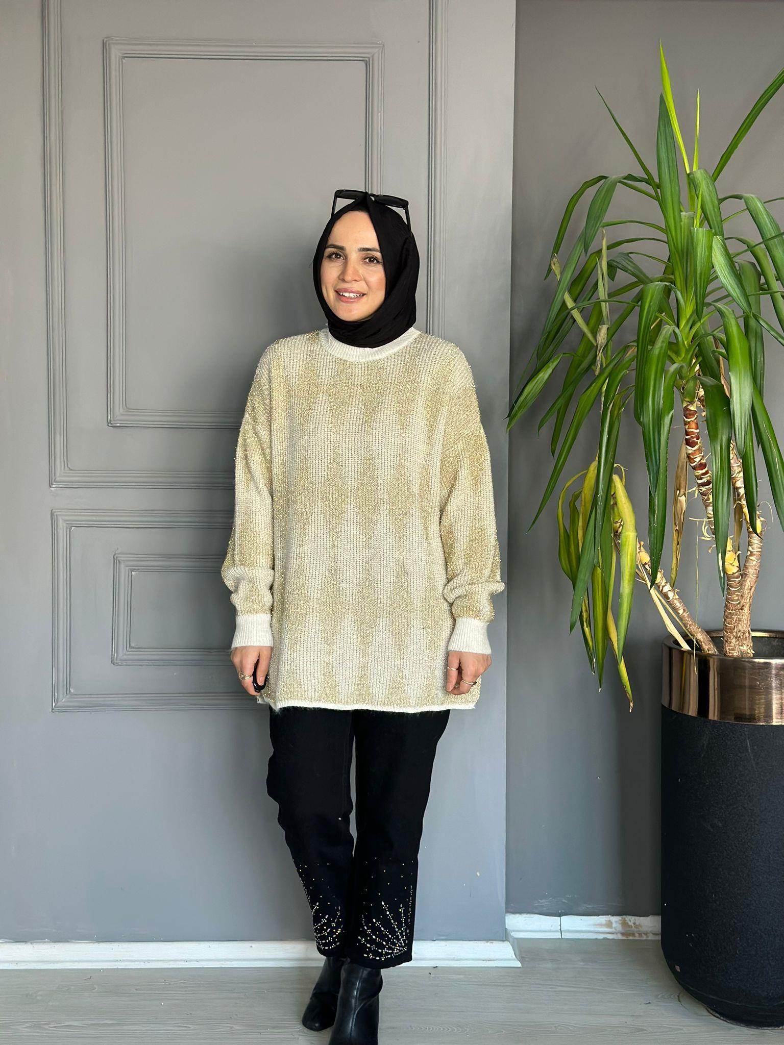 51118 PARLAK GEÇİŞLİ KAZAK BEJ