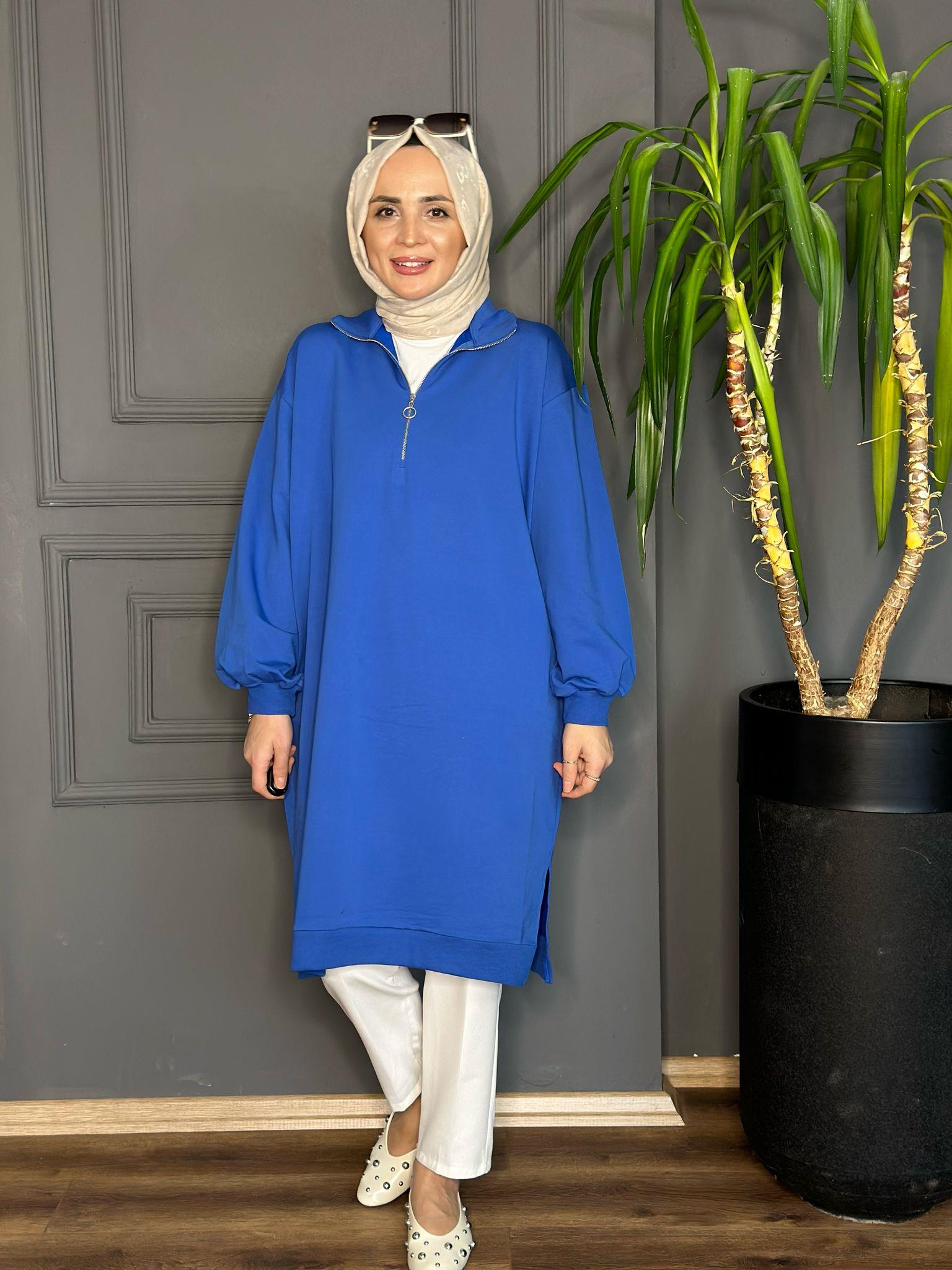 5260 ÖN FERMUAR DETAY UZUN SWEAT  MAVİ S-M