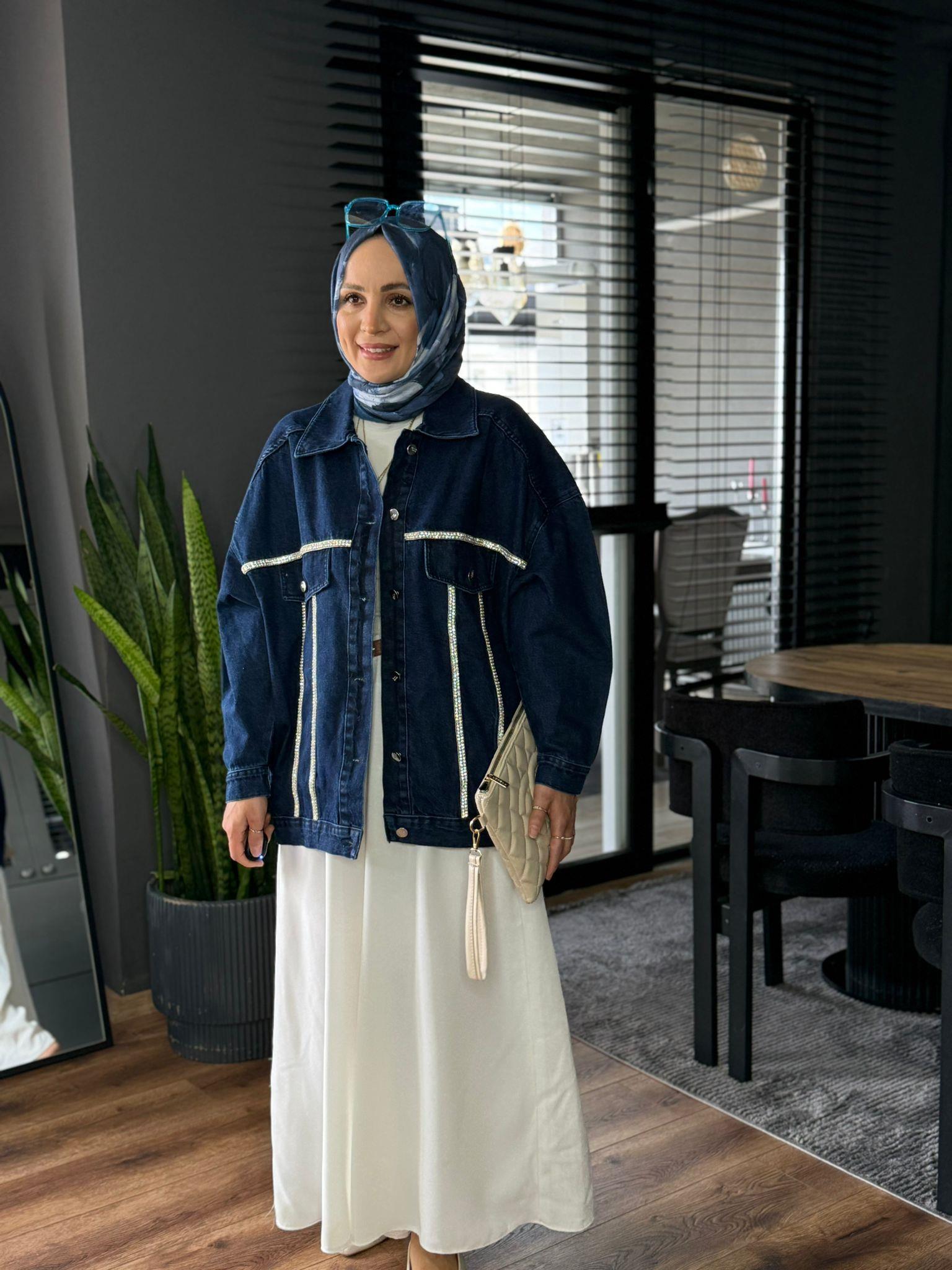 5294 PARLAK ŞERİT DETAY KOT CEKET LACİVERT