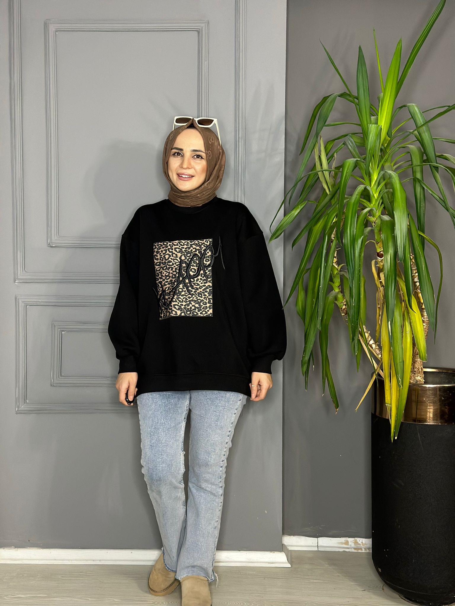 5417 LEOPAR BASKILI SWEAT SİYAH  