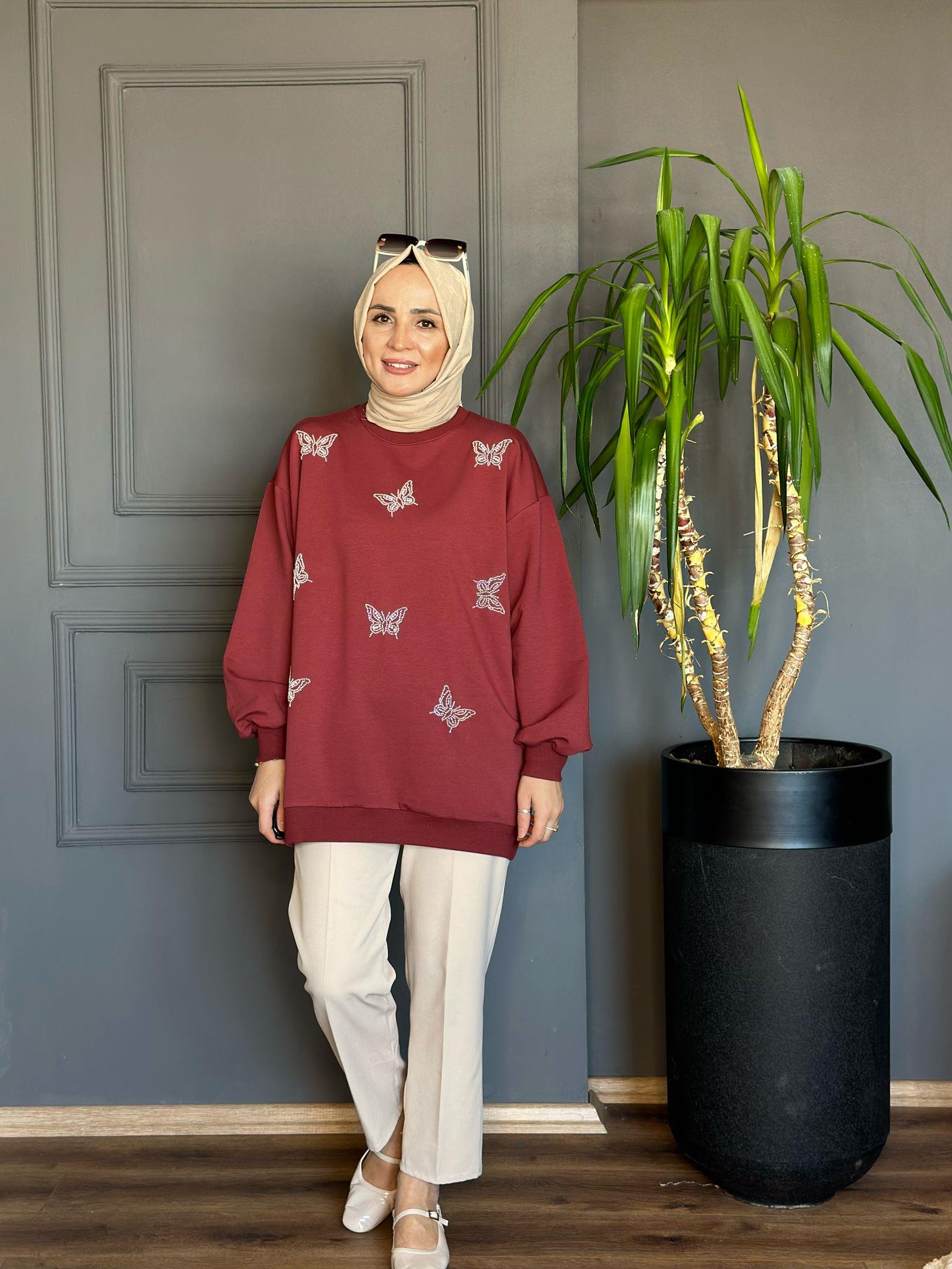 5529 KELEBEK DETAY SWEAT BORDO S-M