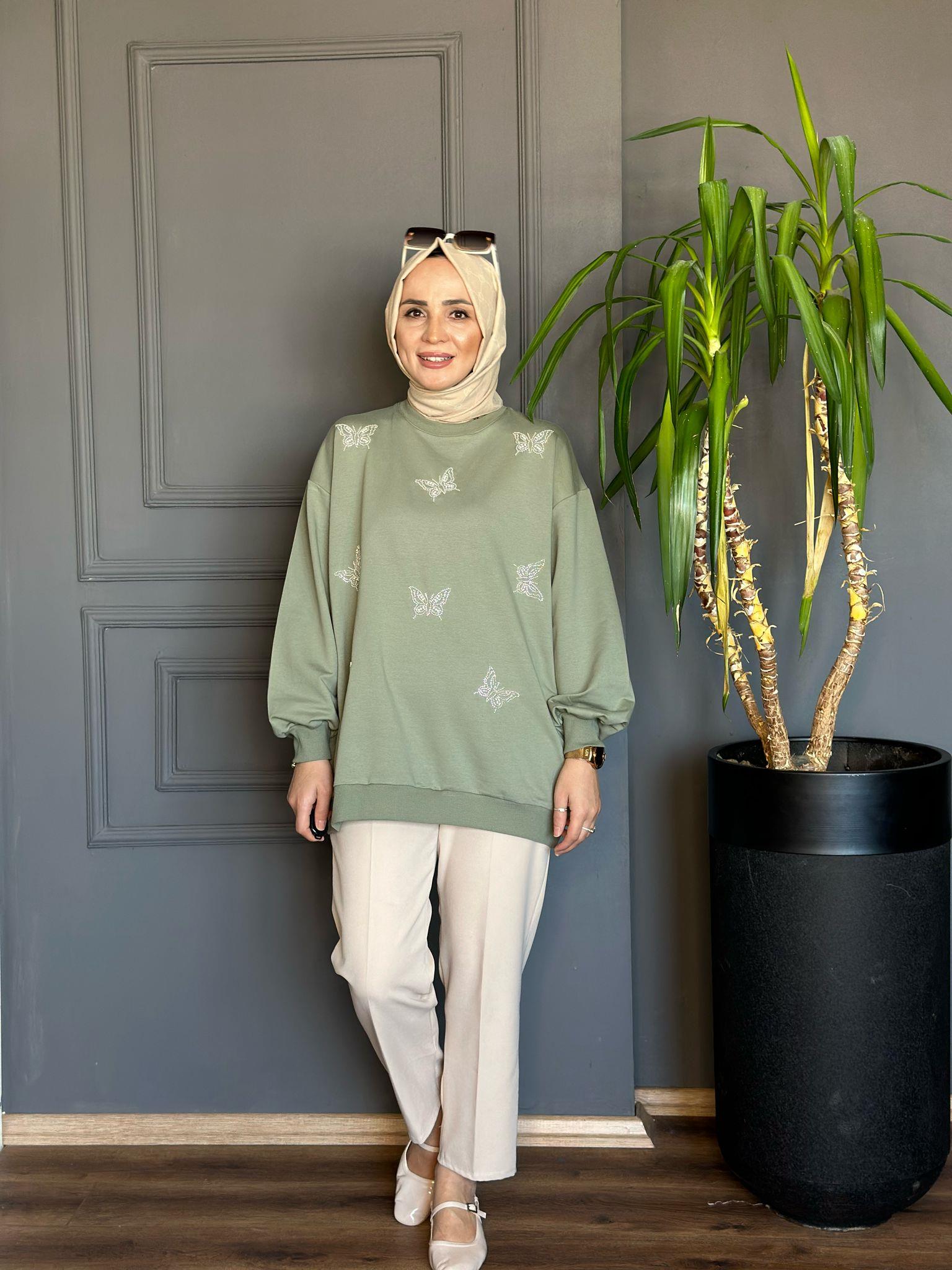 5529 KELEBEK DETAY SWEAT MİNT YEŞİLİ S-M