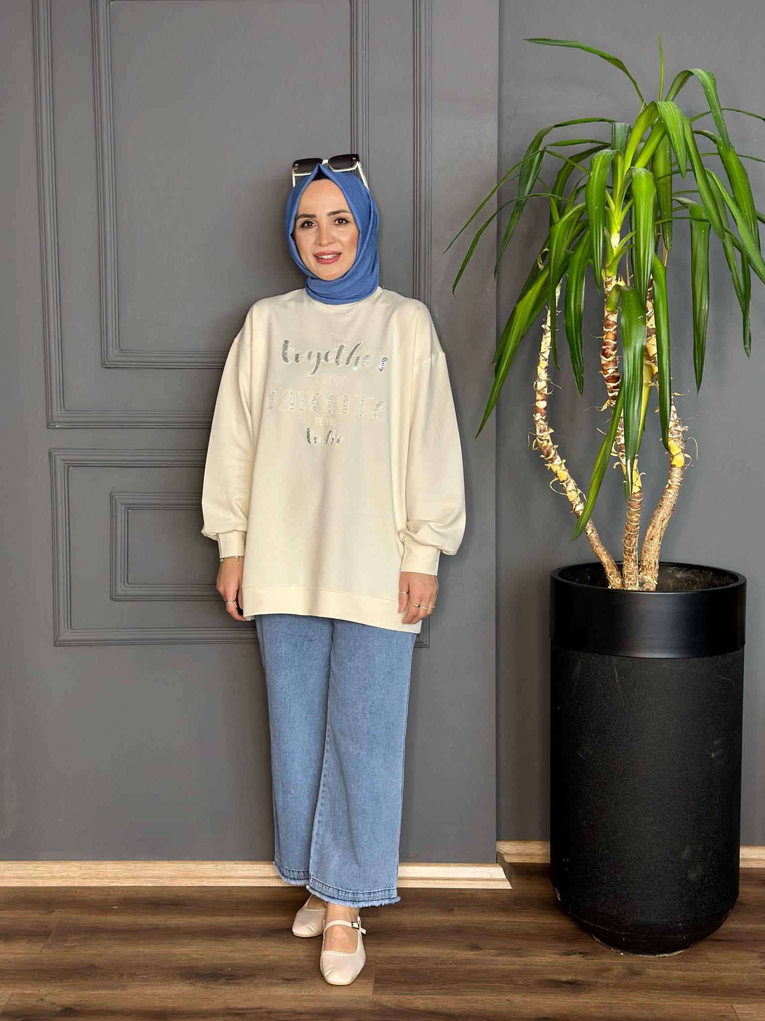5536 PUL YAZILI SWEAT BEJ  S-M